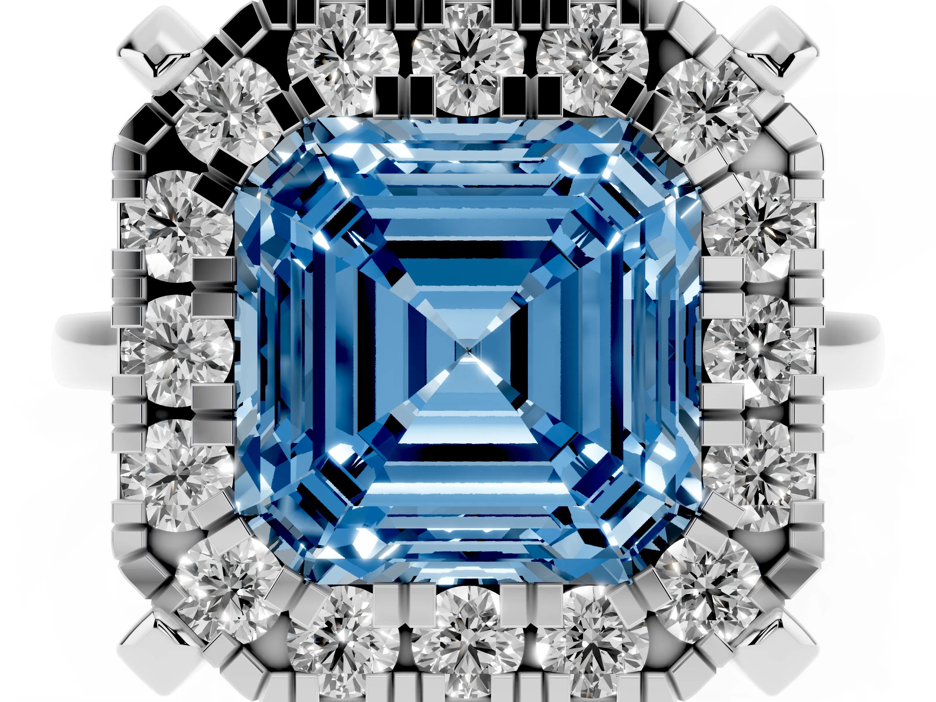 Fancy Blue Asscher Cut Diamond Cluster Halo Solitaire Ring Set in White gold with Prong Setting