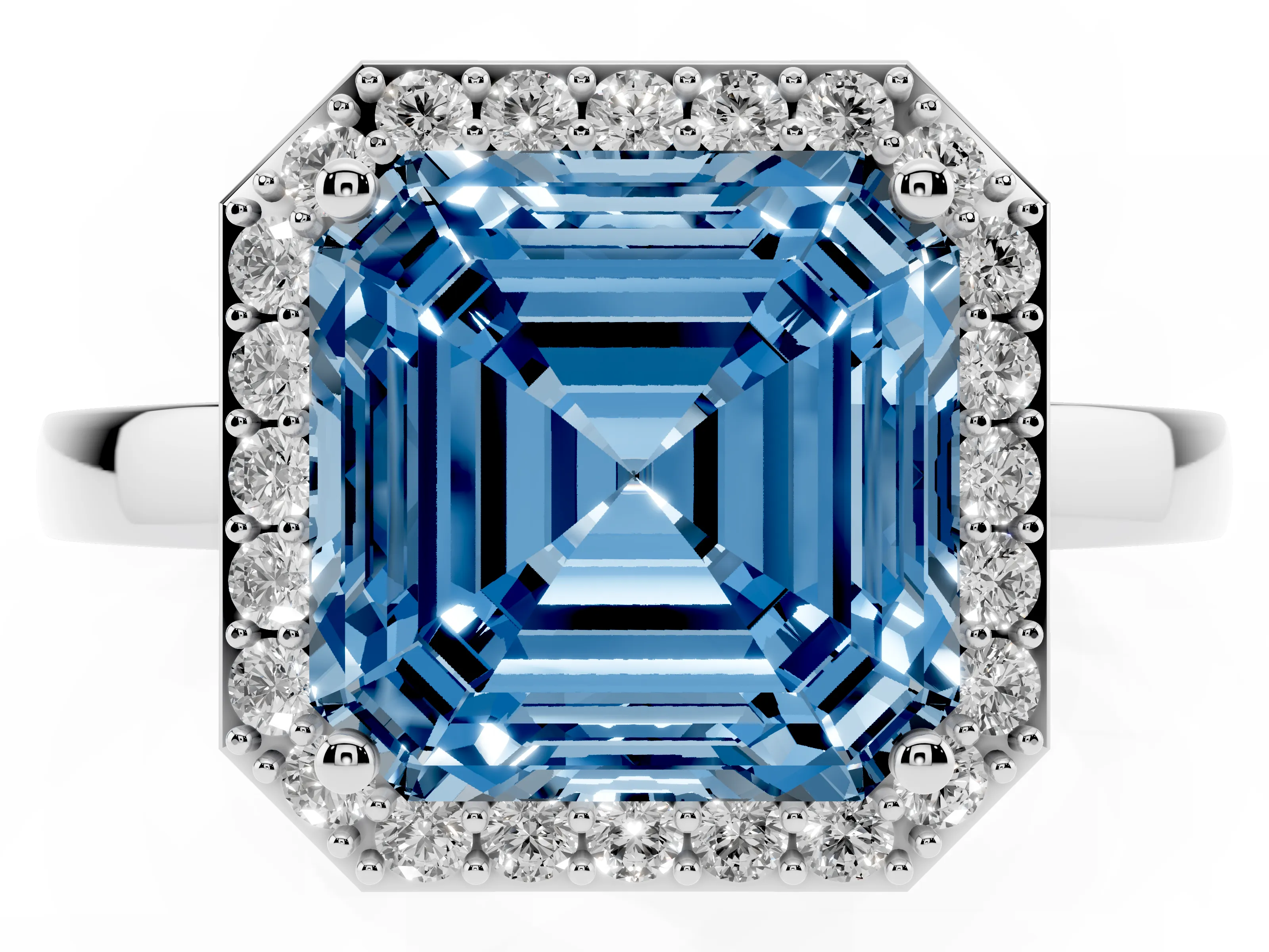 Fancy Blue Asscher Cut Diamond Halo Ring Set in Platinum with Solitaire Band and Prong Setting