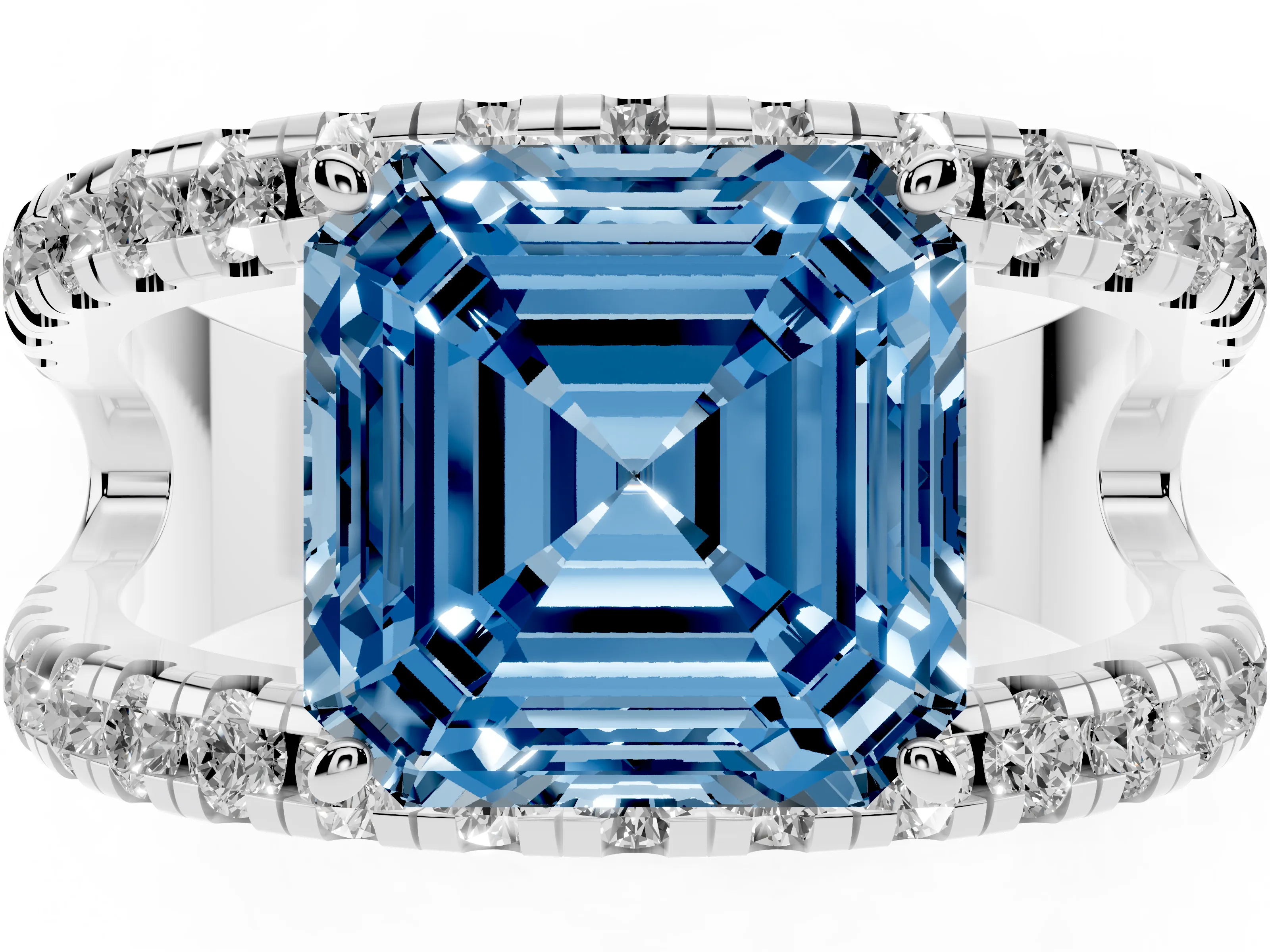 Fancy Blue Asscher Cut Diamond Split Shank Pavé Solitaire Ring Set in Silver with Open Shank Design