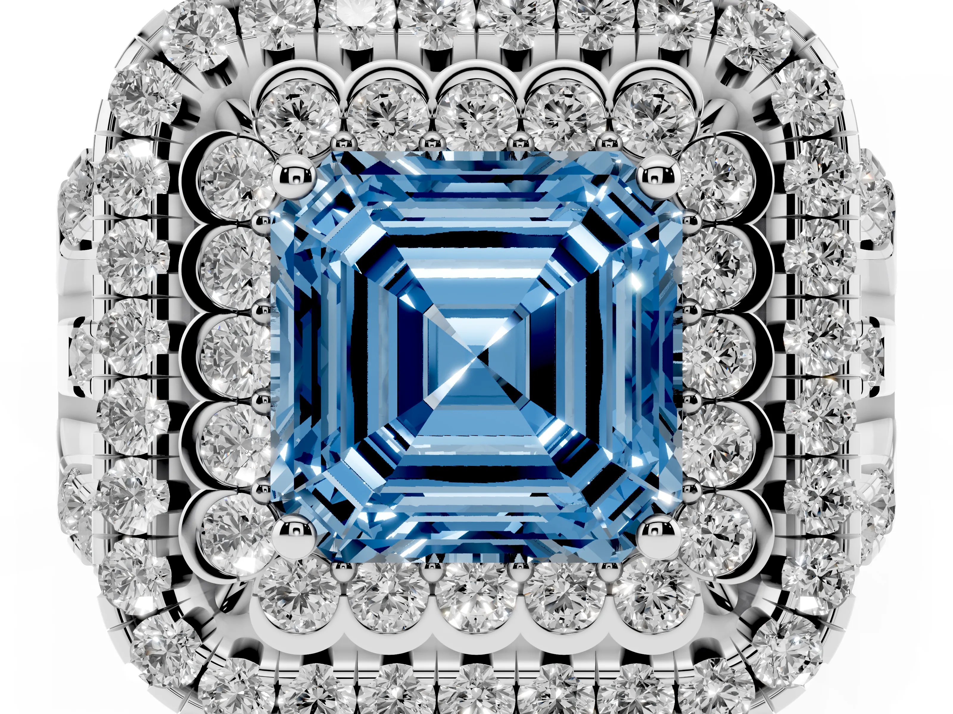 Fancy Blue Asscher Cut Diamond Double Halo Ring Set in White gold with Round Pavé Split Shank