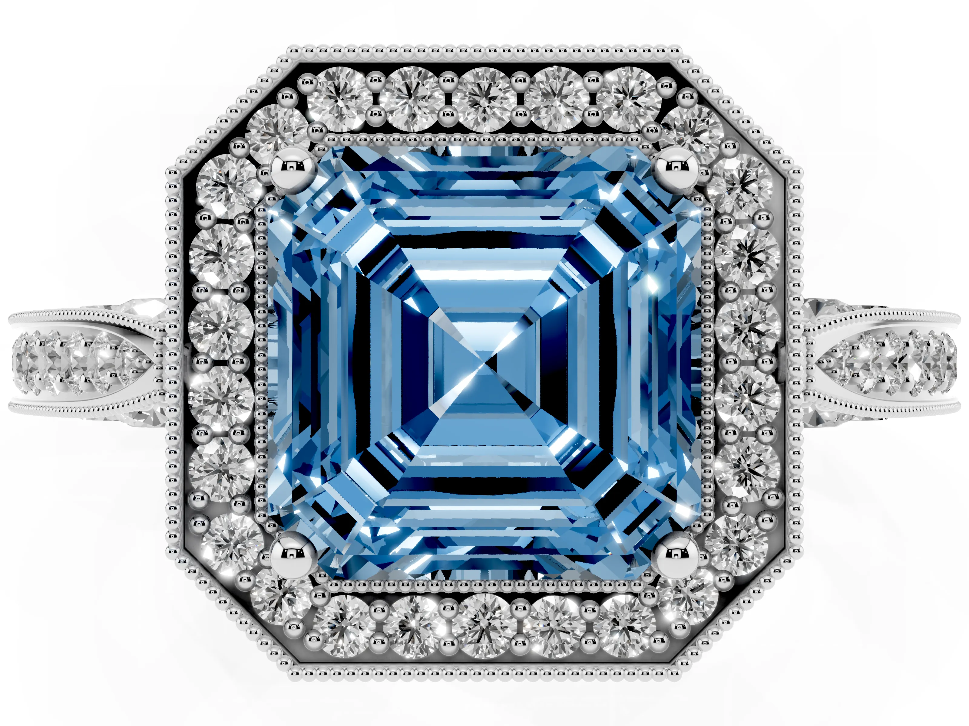 Fancy Blue Asscher Cut Diamond Halo Engagement Ring Set in Platinum with Accent Split Shank Band