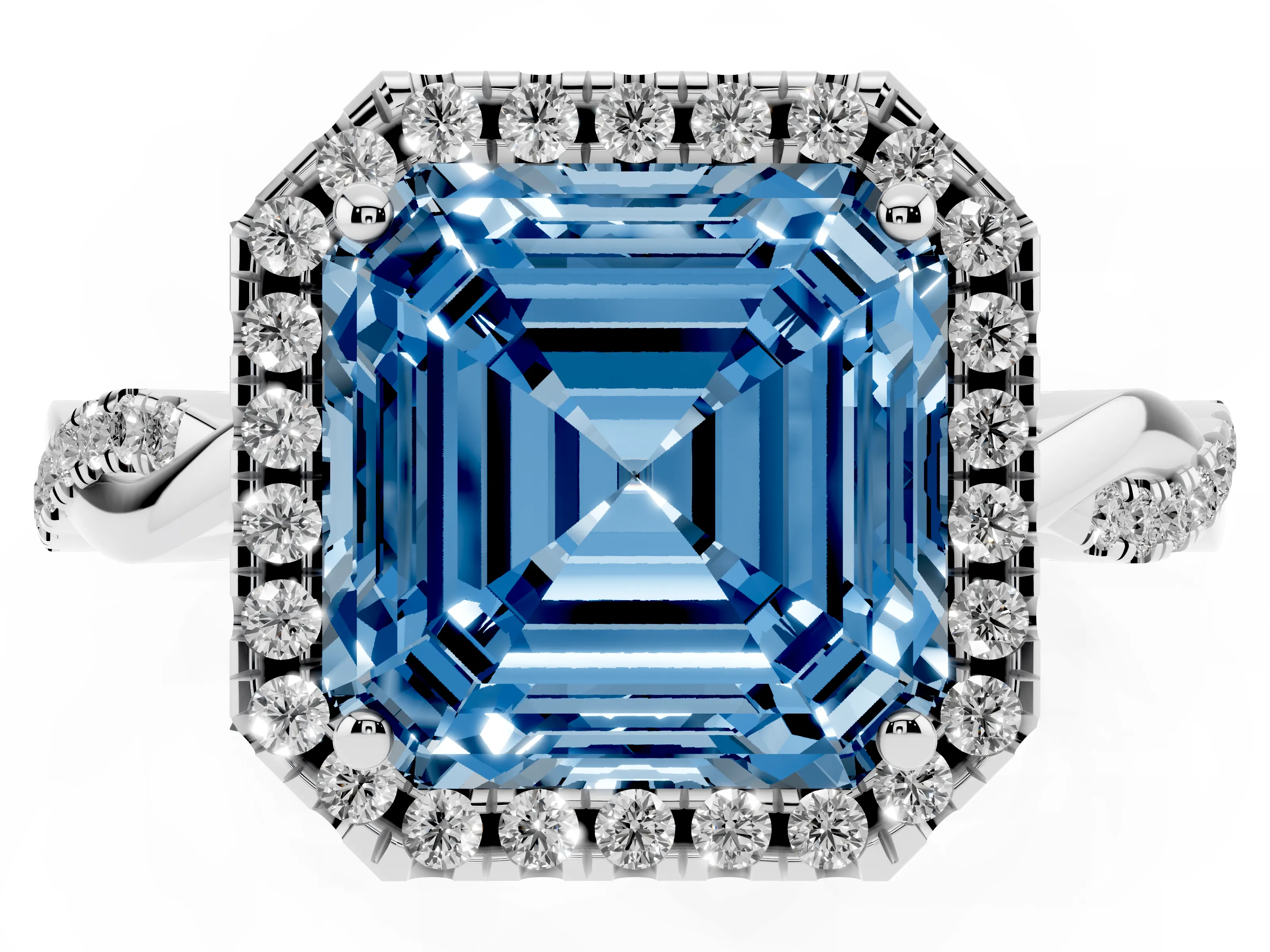 Fancy Blue Asscher Cut Diamond Halo Twisted Band Ring Set in White gold with Prong Setting
