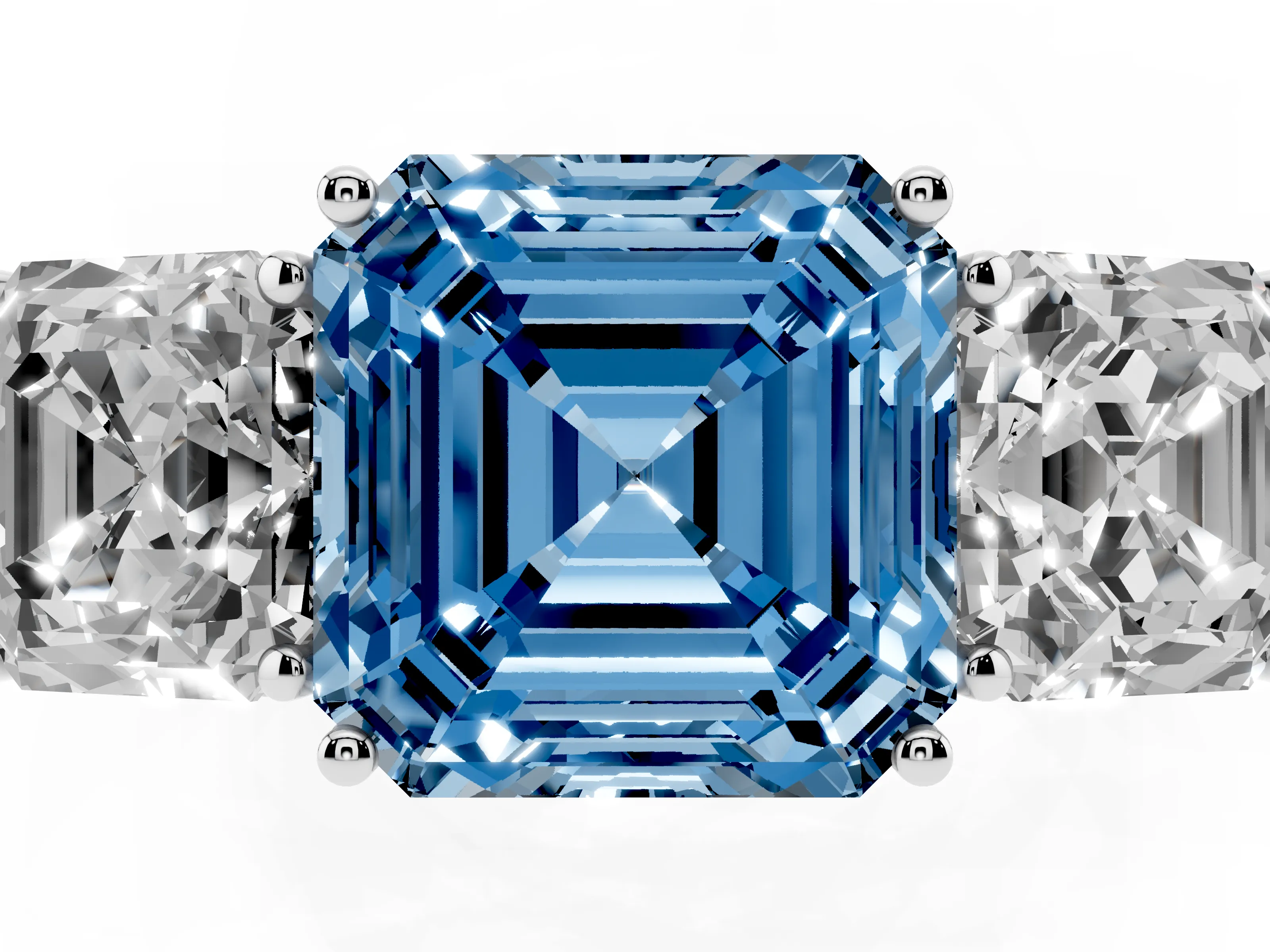 Fancy Blue Asscher Cut Diamond Three-Stone Ring Set in White gold with Textured Band