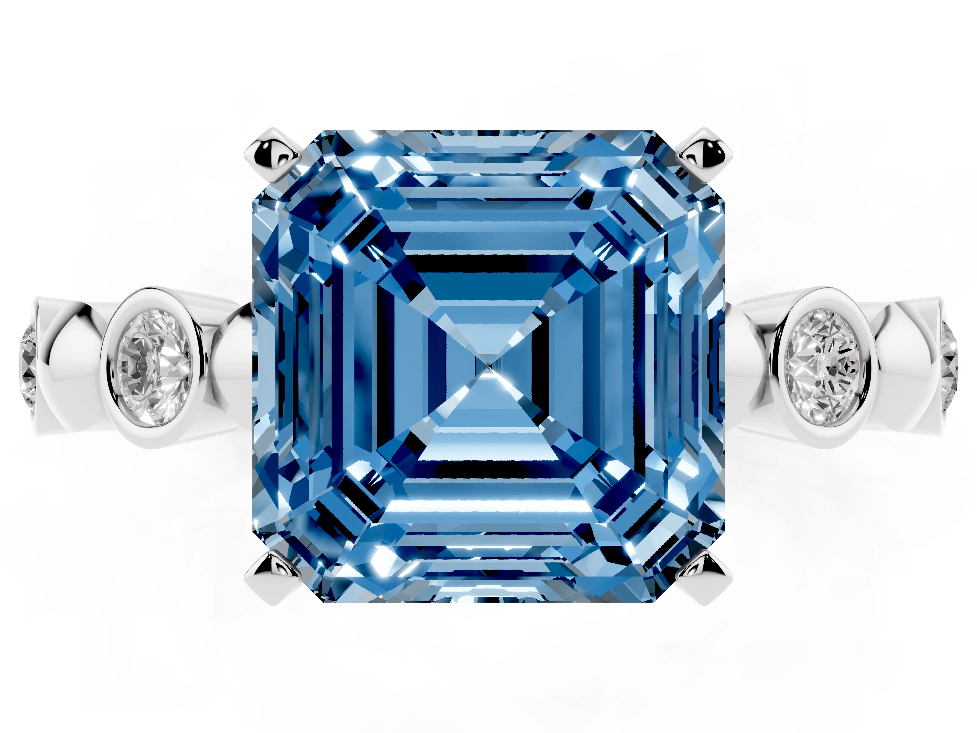 Fancy Blue Asscher Cut Diamond Solitaire Ring Set in Silver with Bezel-Set Accents on Beaded Band and Prong Setting