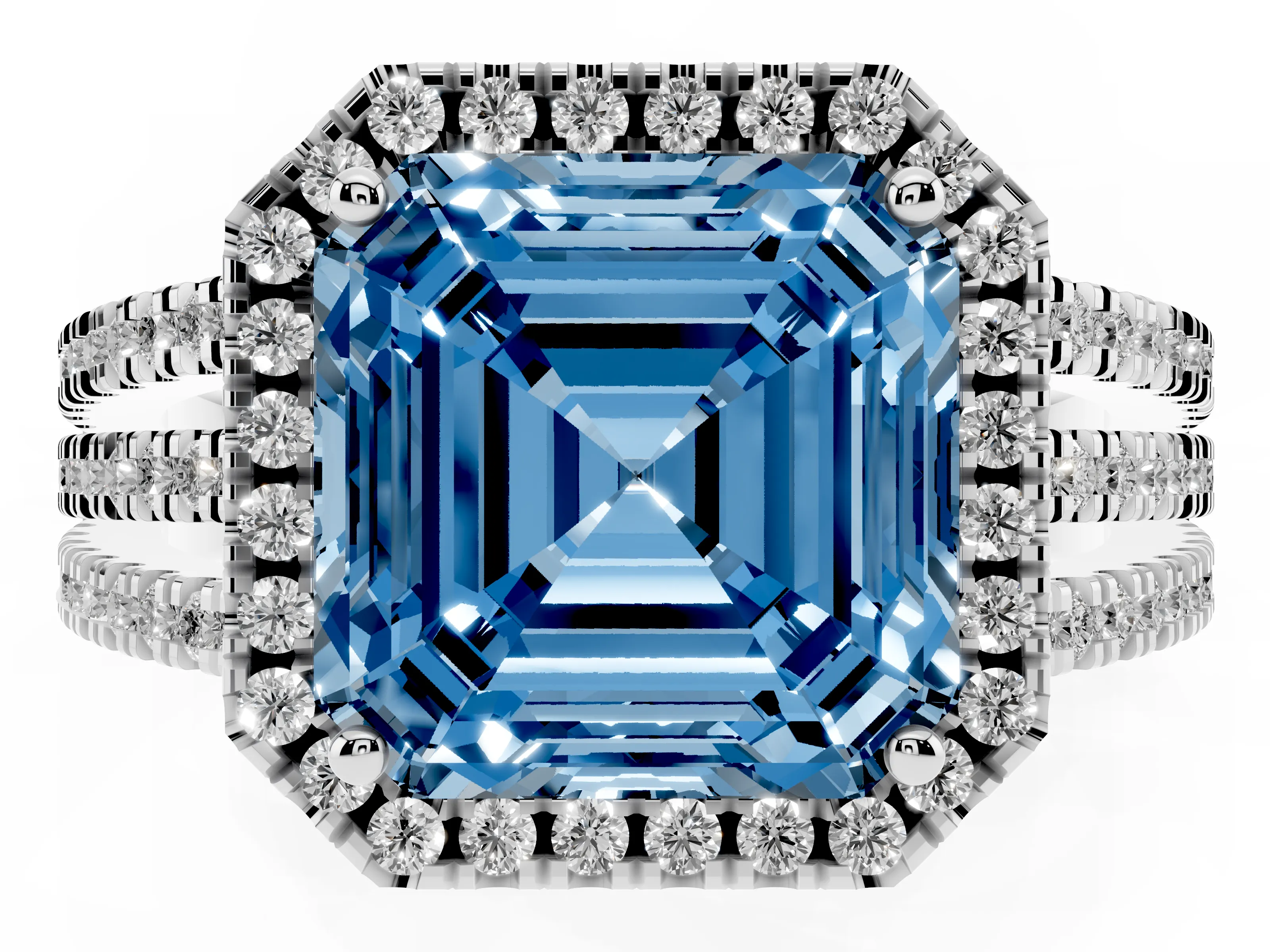 Fancy Blue Asscher Cut Diamond Halo Split Shank Engagement Ring Set in Silver with Prong Setting