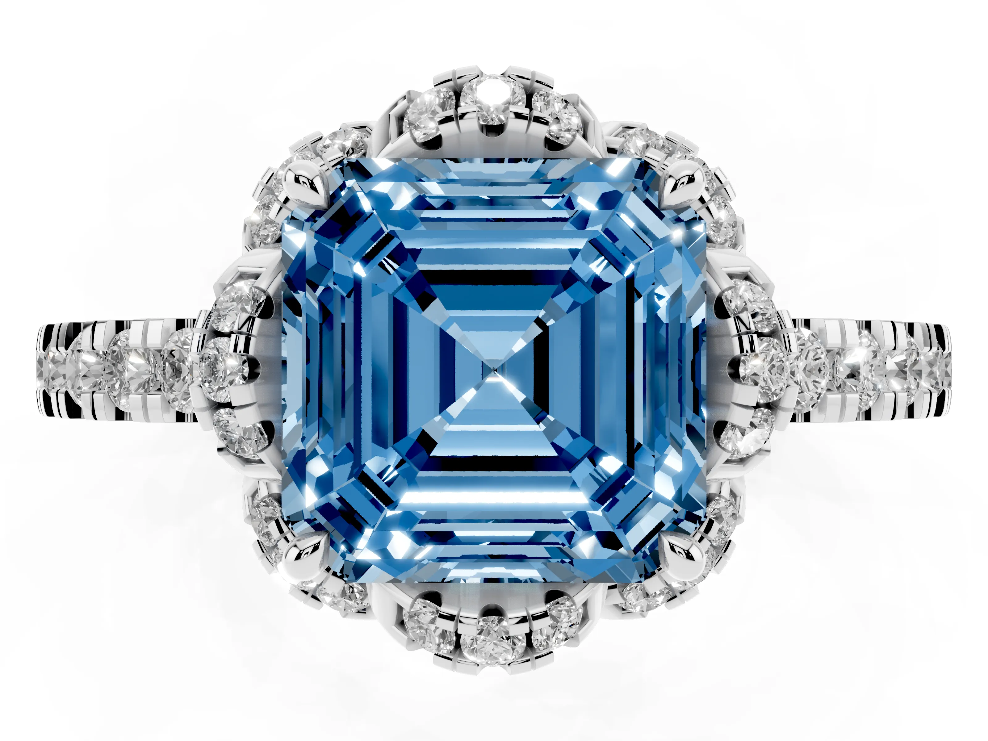 Fancy Blue Asscher Cut Diamond Halo Pavé Ring Set in White gold with Prong-Held Center Stone