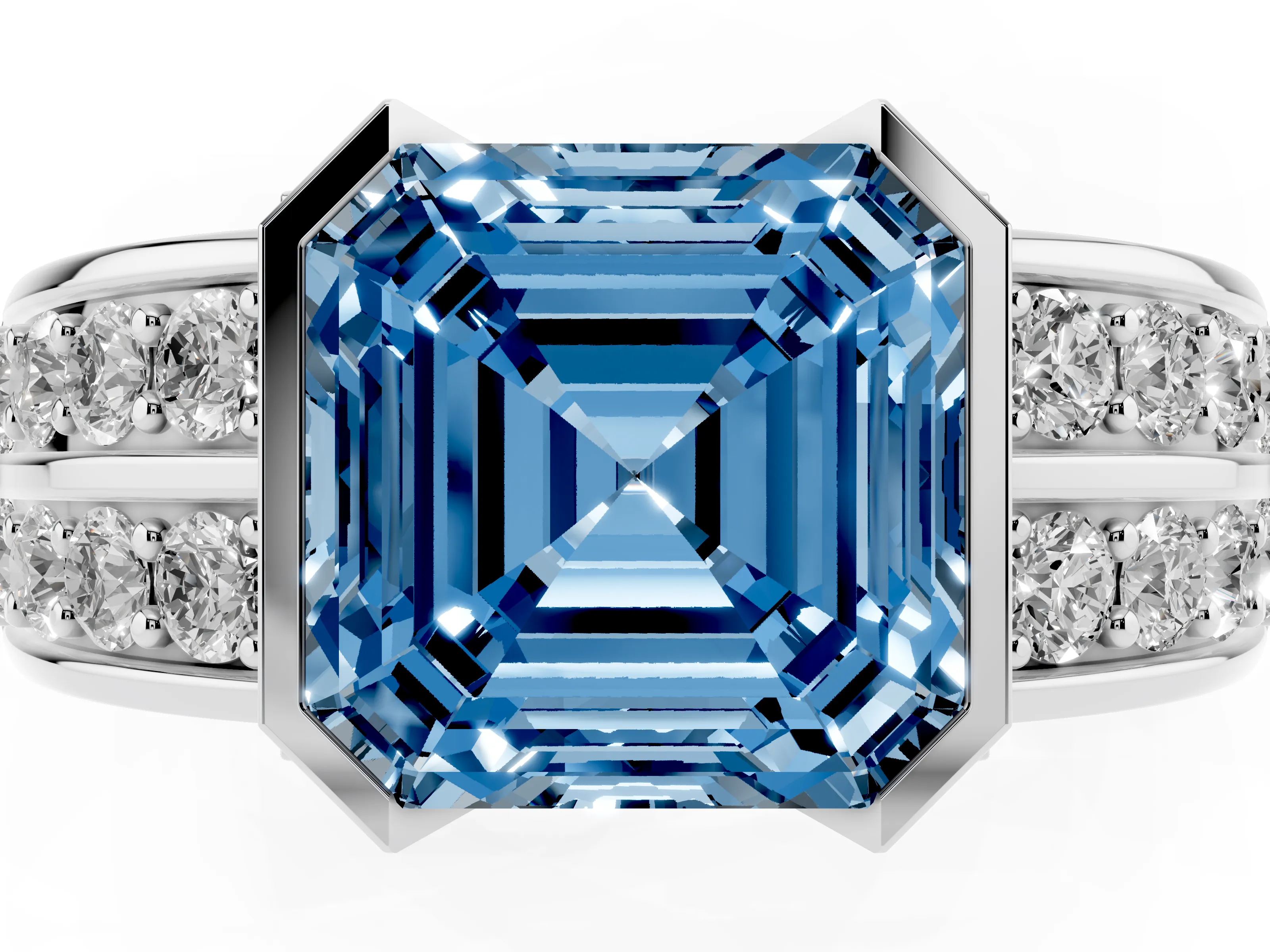 Fancy Blue Asscher Cut Diamond Wide Channel Set Band Ring Set in Silver with Bezel Setting