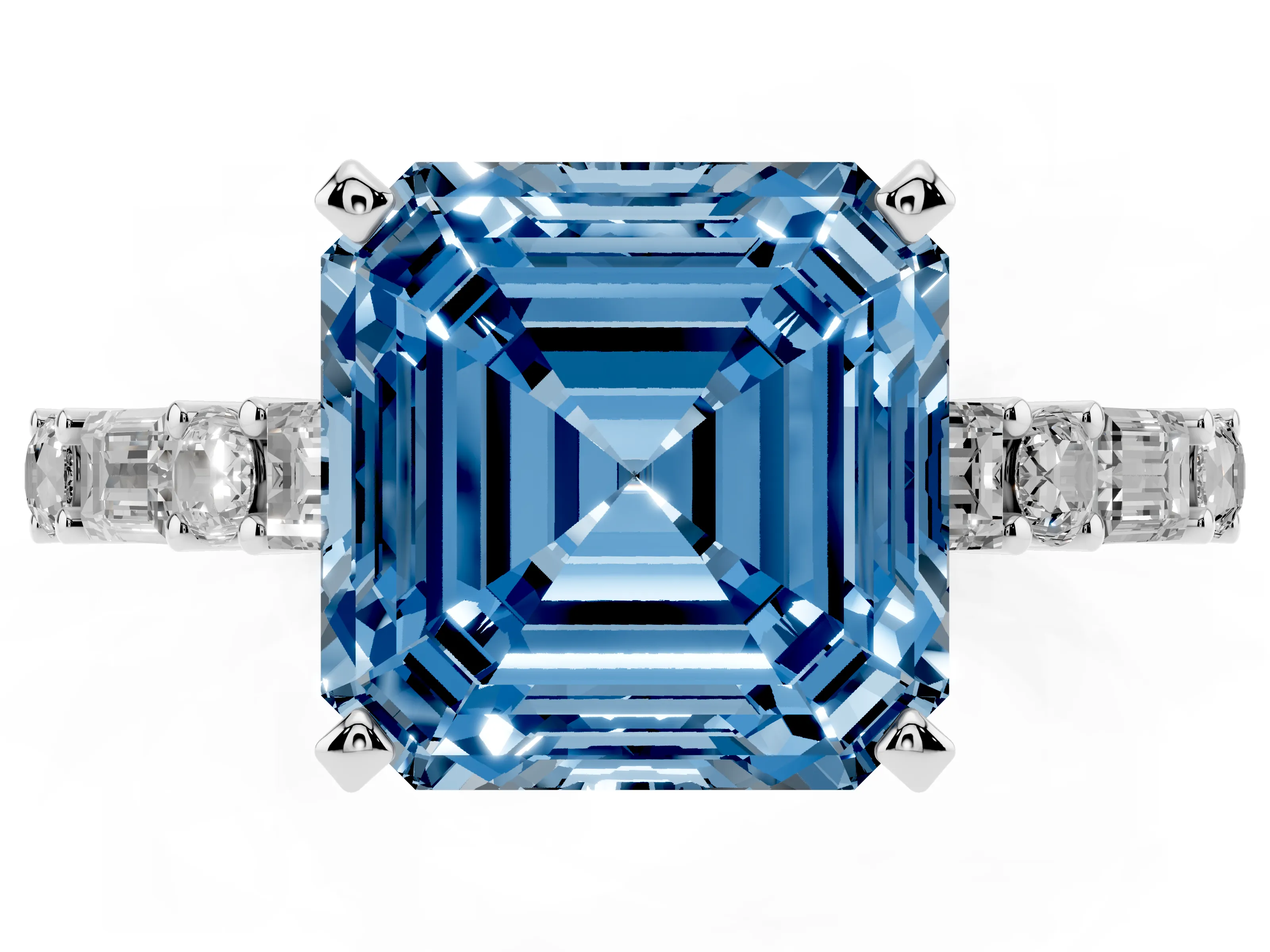 Fancy Blue Asscher Cut Diamond Solitaire Set in Platinum with Side Baguettes and Channel Set Band