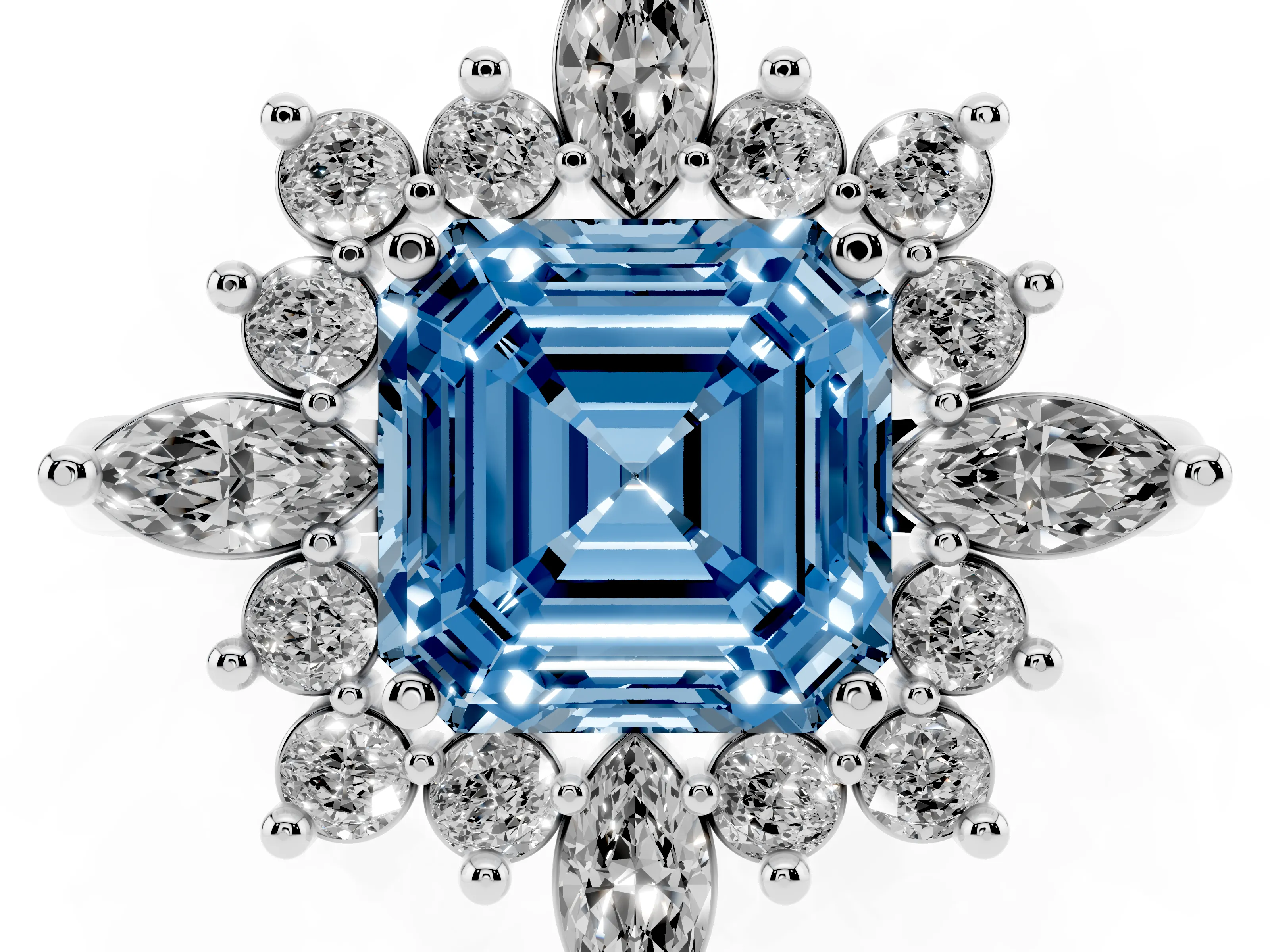 Fancy Blue Asscher Cut Diamond Cluster Halo Ring Set in Silver with Marquise and Round Accents