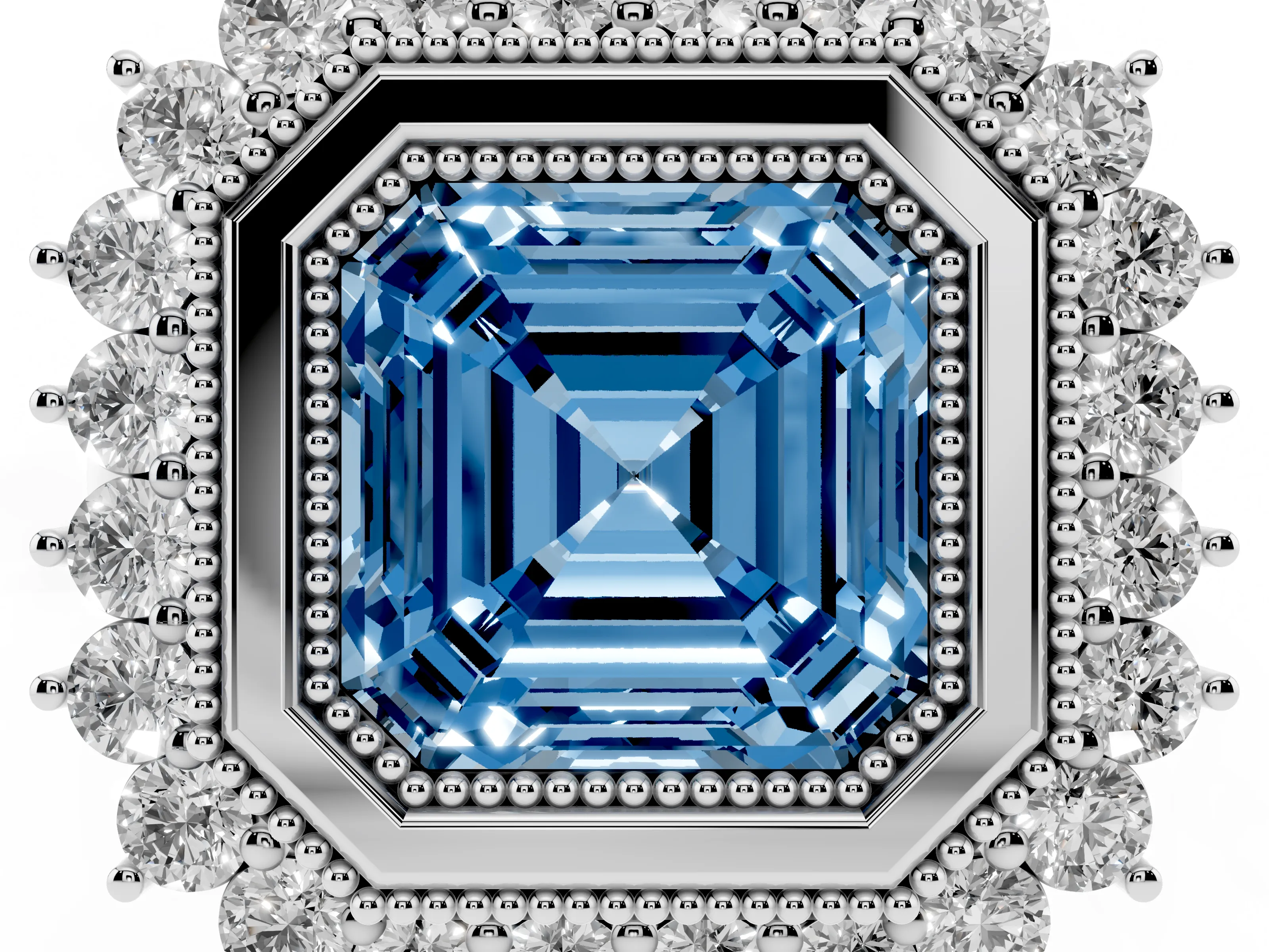 Fancy Blue Asscher Cut Diamond Halo Ring Set in White gold with Milgrain Edge and Round Prong Setting