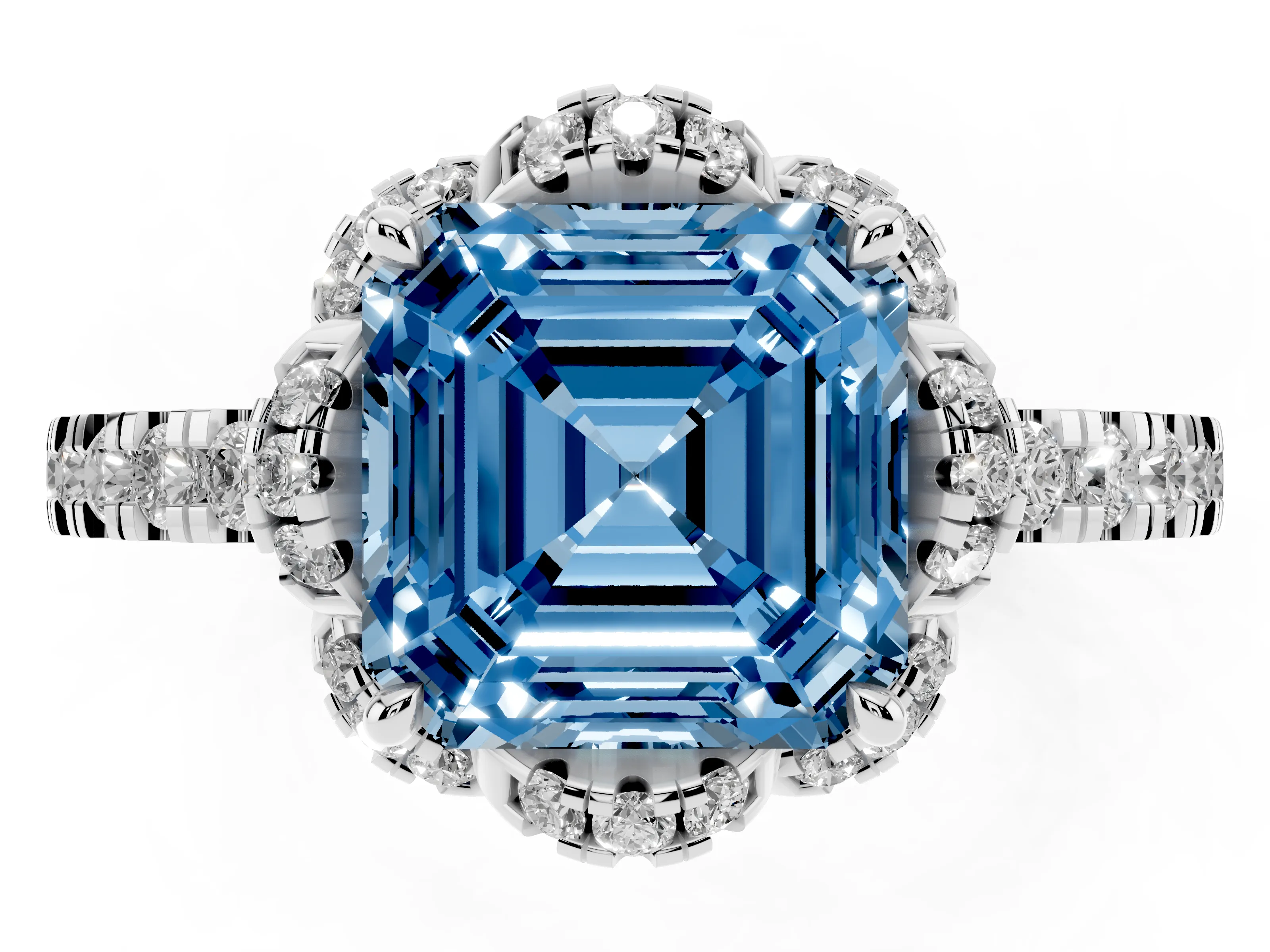 Fancy Blue Asscher Cut Diamond Halo Pavé Band Ring Set in Silver with Prong-Held Center
