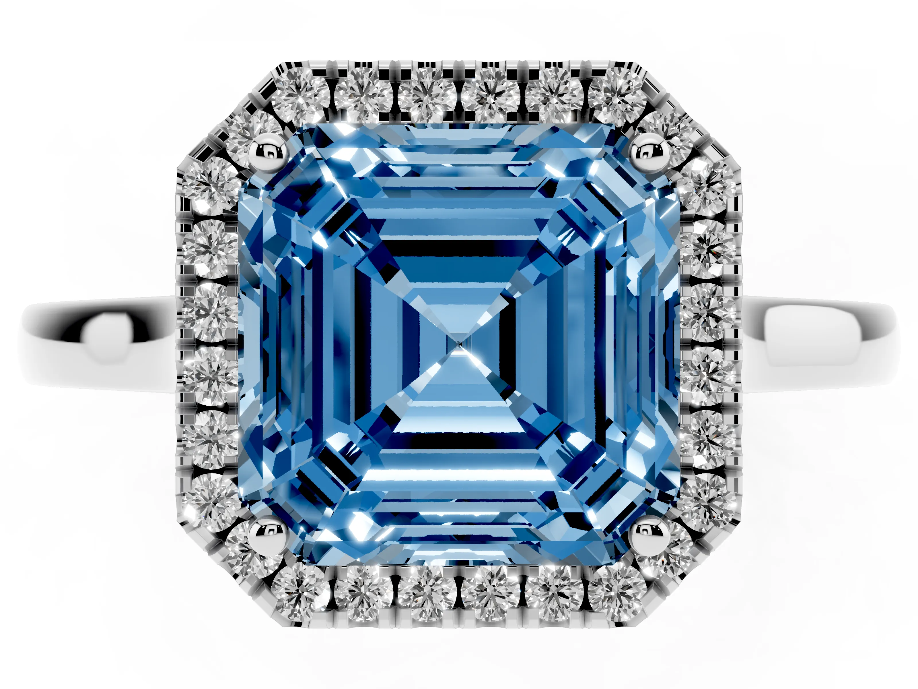 Fancy Blue Asscher Cut Halo Round Diamond Solitaire Ring Set in Platinum with Pavé Band and Prong Setting