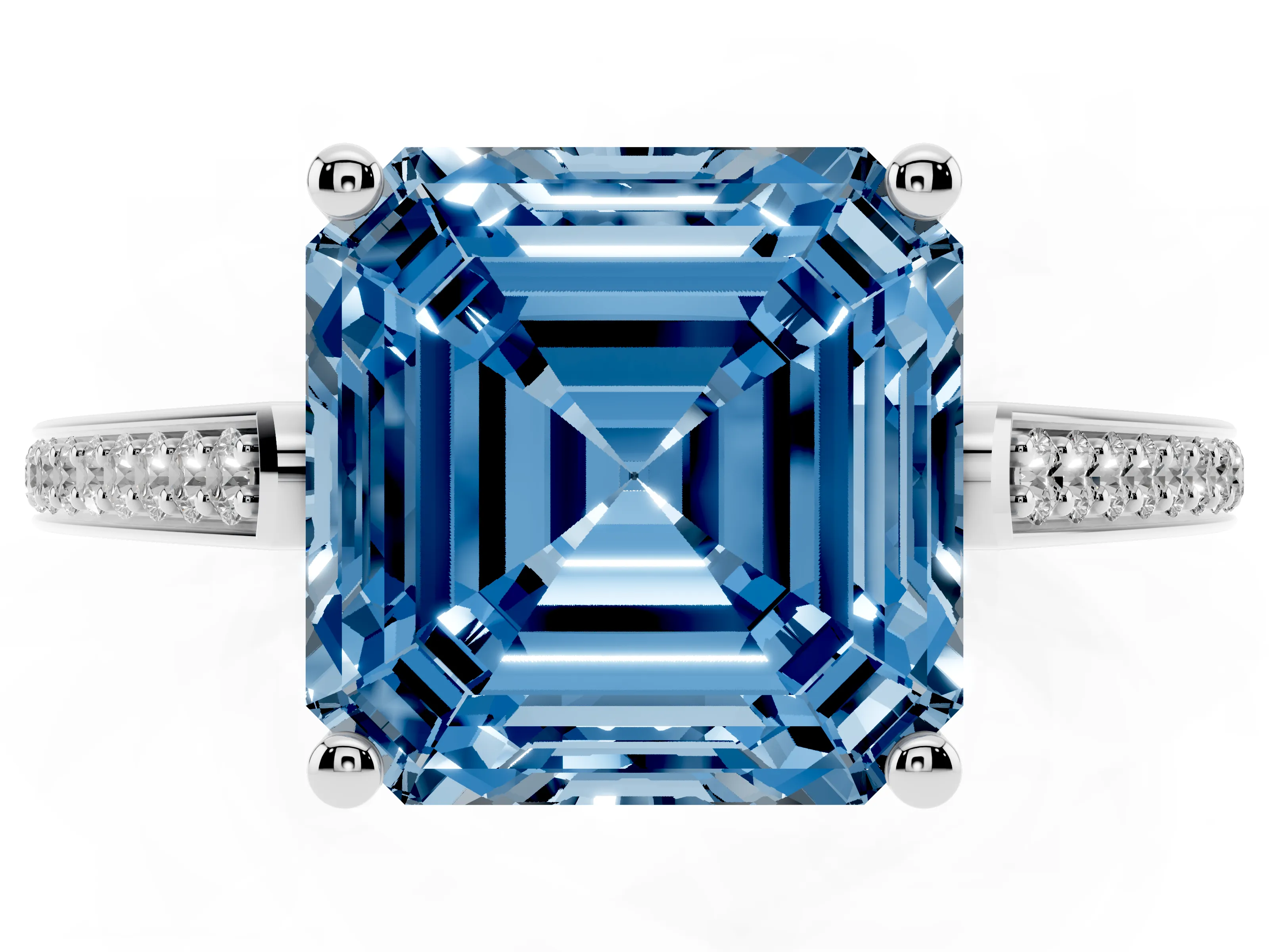 Fancy Blue Asscher Cut Diamond Cathedral Pavé Engagement Ring Set in Silver with Prong Setting