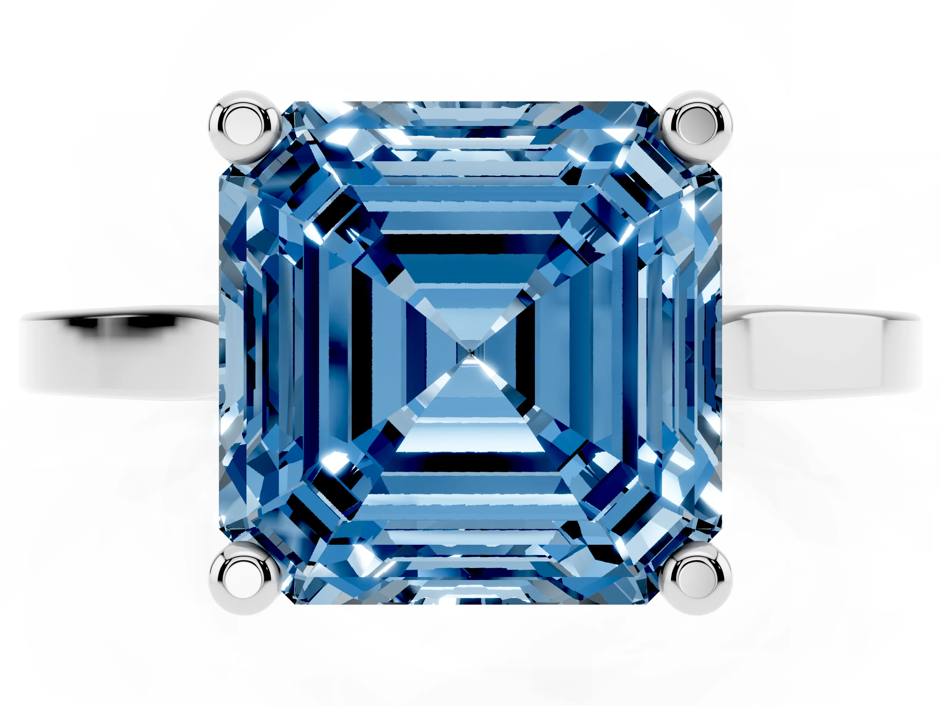 Fancy Blue Asscher Cut Diamond Solitaire Ring Set in White gold with Prong Setting and Tapered Band