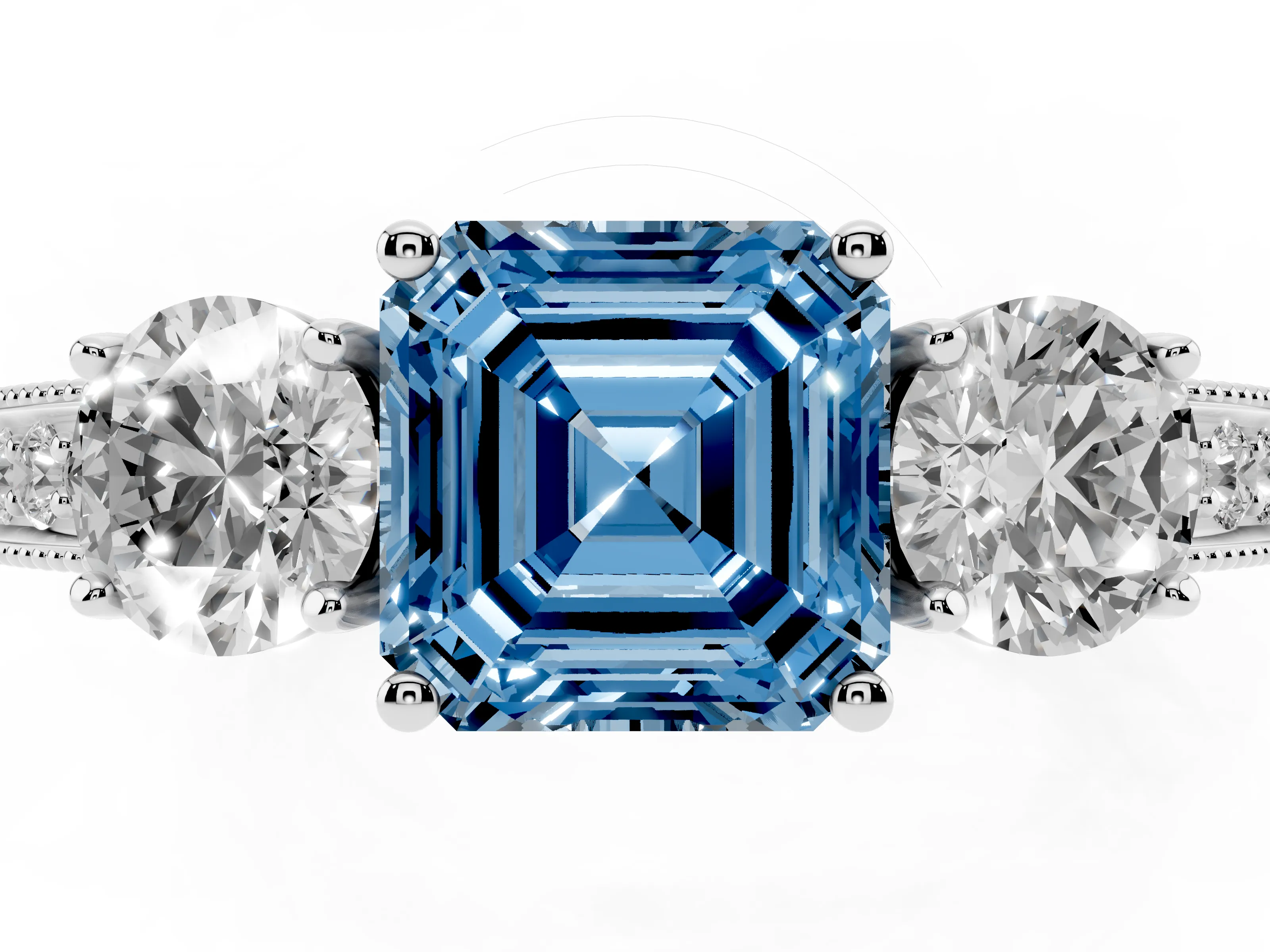 Fancy Blue Asscher Cut Diamond Three-Stone Ring Set in Platinum with Round Side Stones and Pavé Band