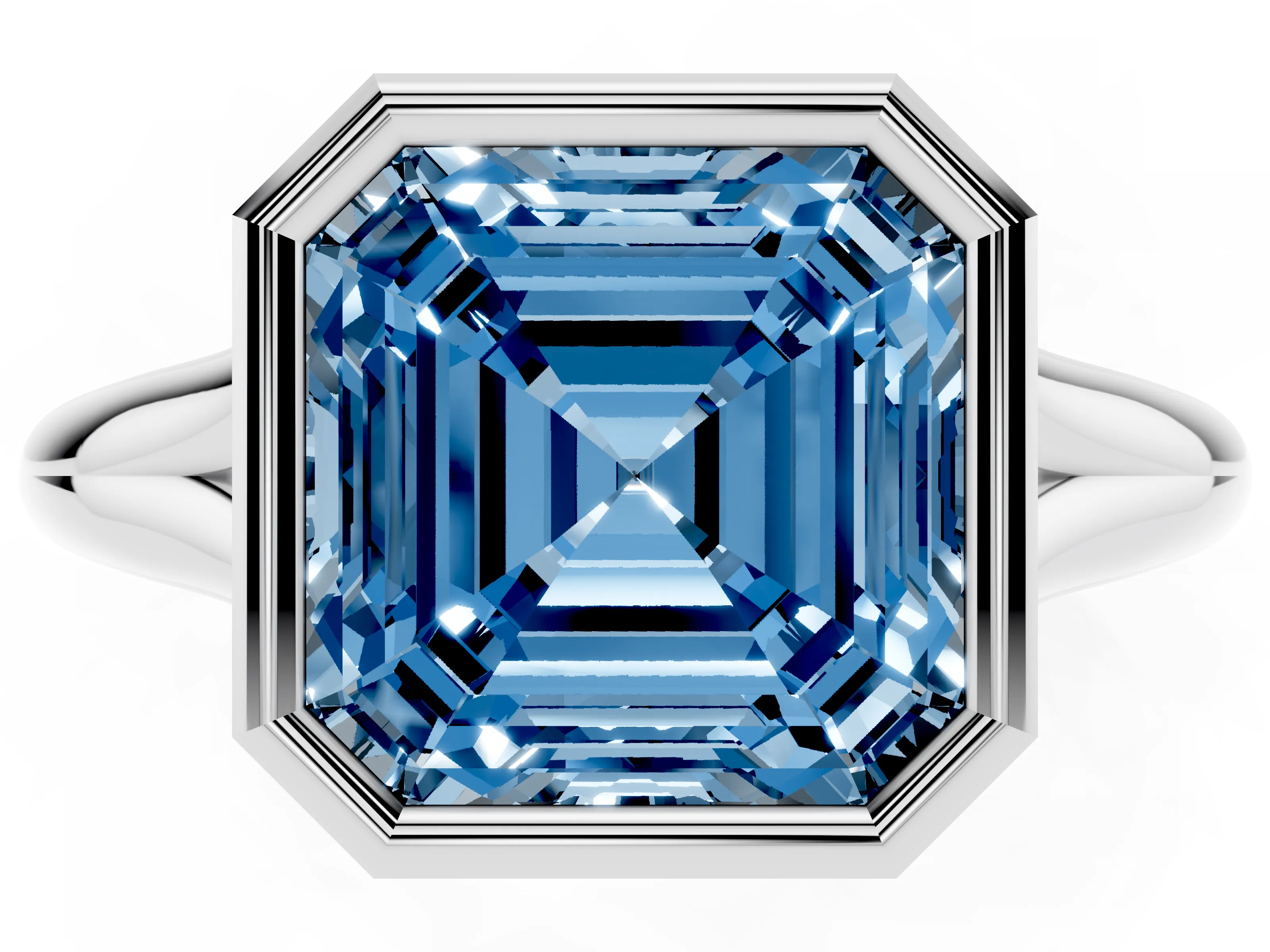 Fancy Blue Bezel Set Asscher Cut Diamond Solitaire Ring Set in Silver with Smooth Band