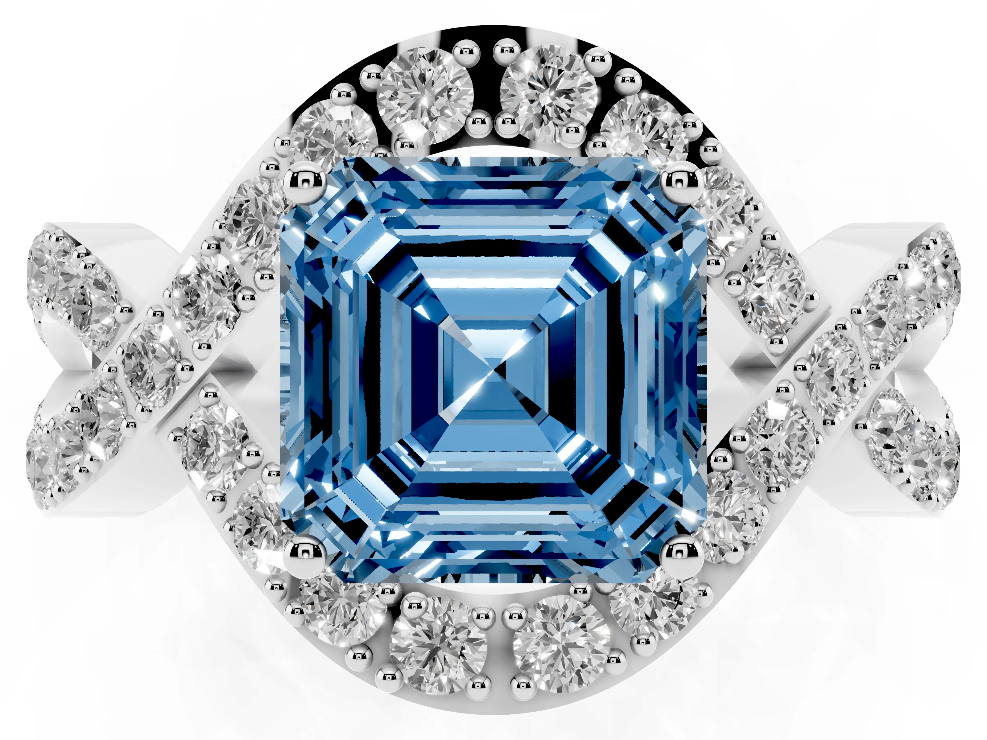 Fancy Blue Asscher Cut Diamond Solitaire Twist Band Pavé Engagement Ring Set in Platinum
