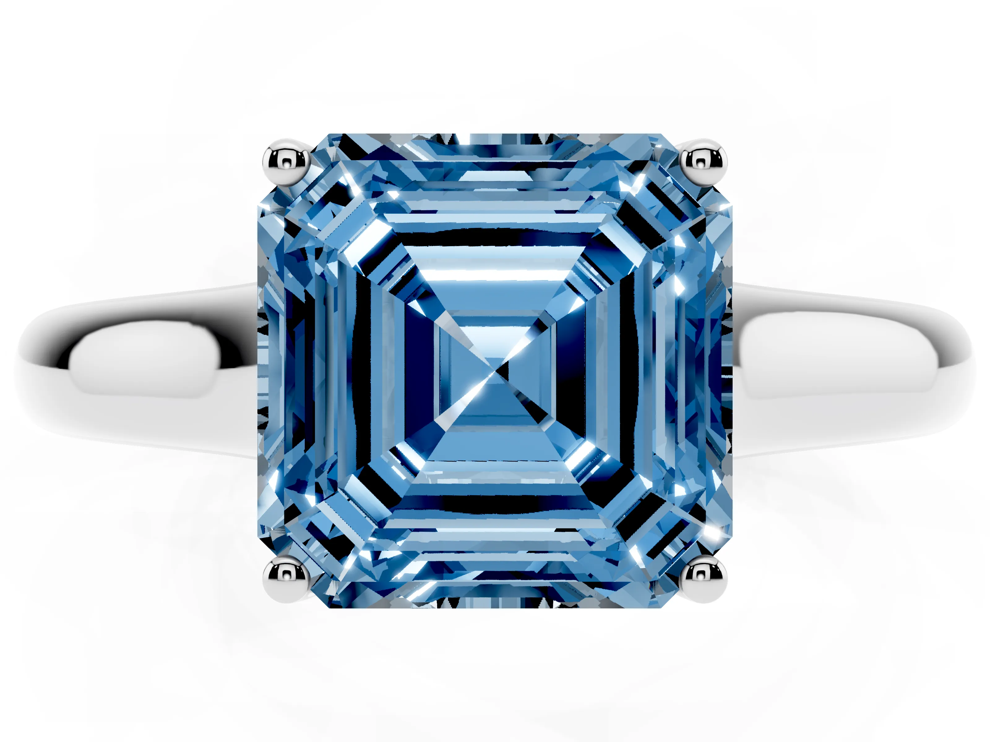 Fancy Blue Asscher Cut Diamond Solitaire Engagement Ring Set in Platinum with Subtly Tapered Band and Prong Setting