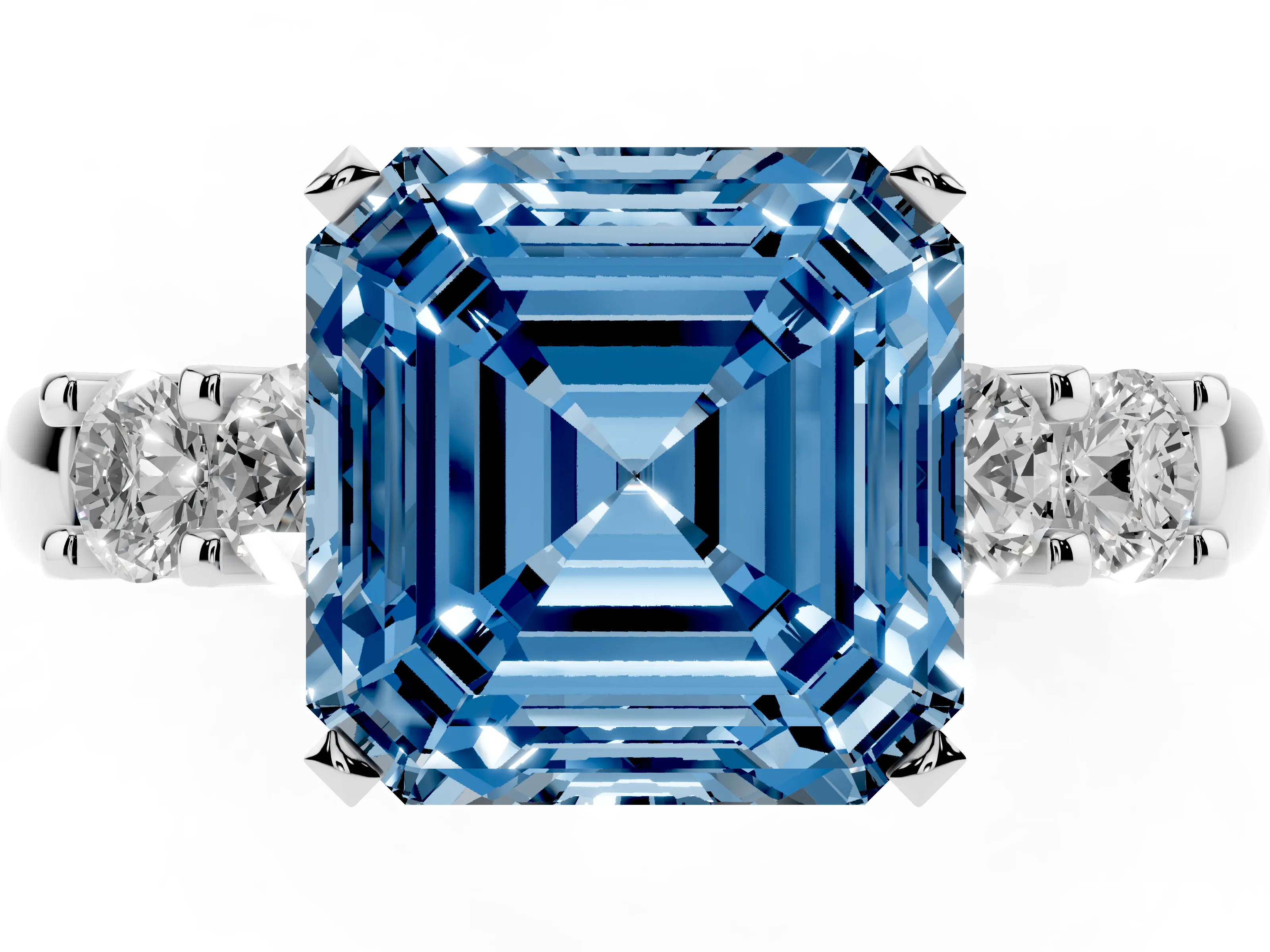 Fancy Blue Asscher Cut Diamond Five-Stone Prong Set Engagement Ring Set in Silver with Channel Band