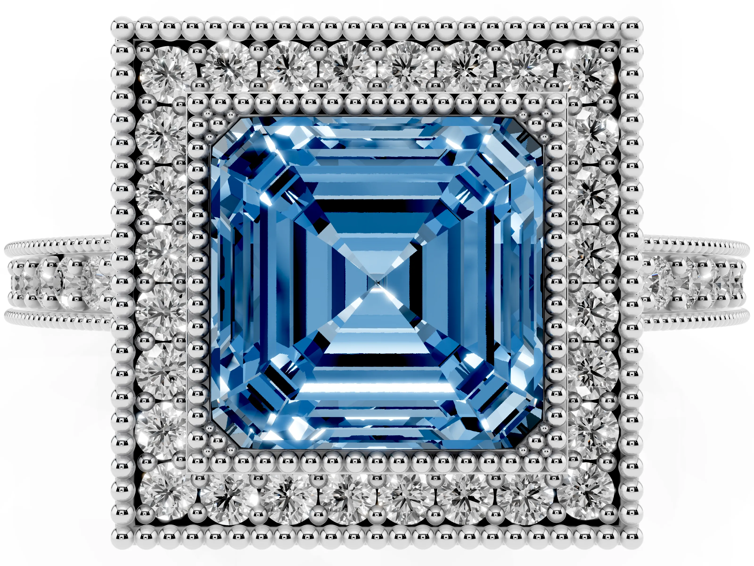 Fancy Blue Asscher Cut Diamond Halo Engagement Ring Set in Platinum with Pavé Band and Round Halo Stones