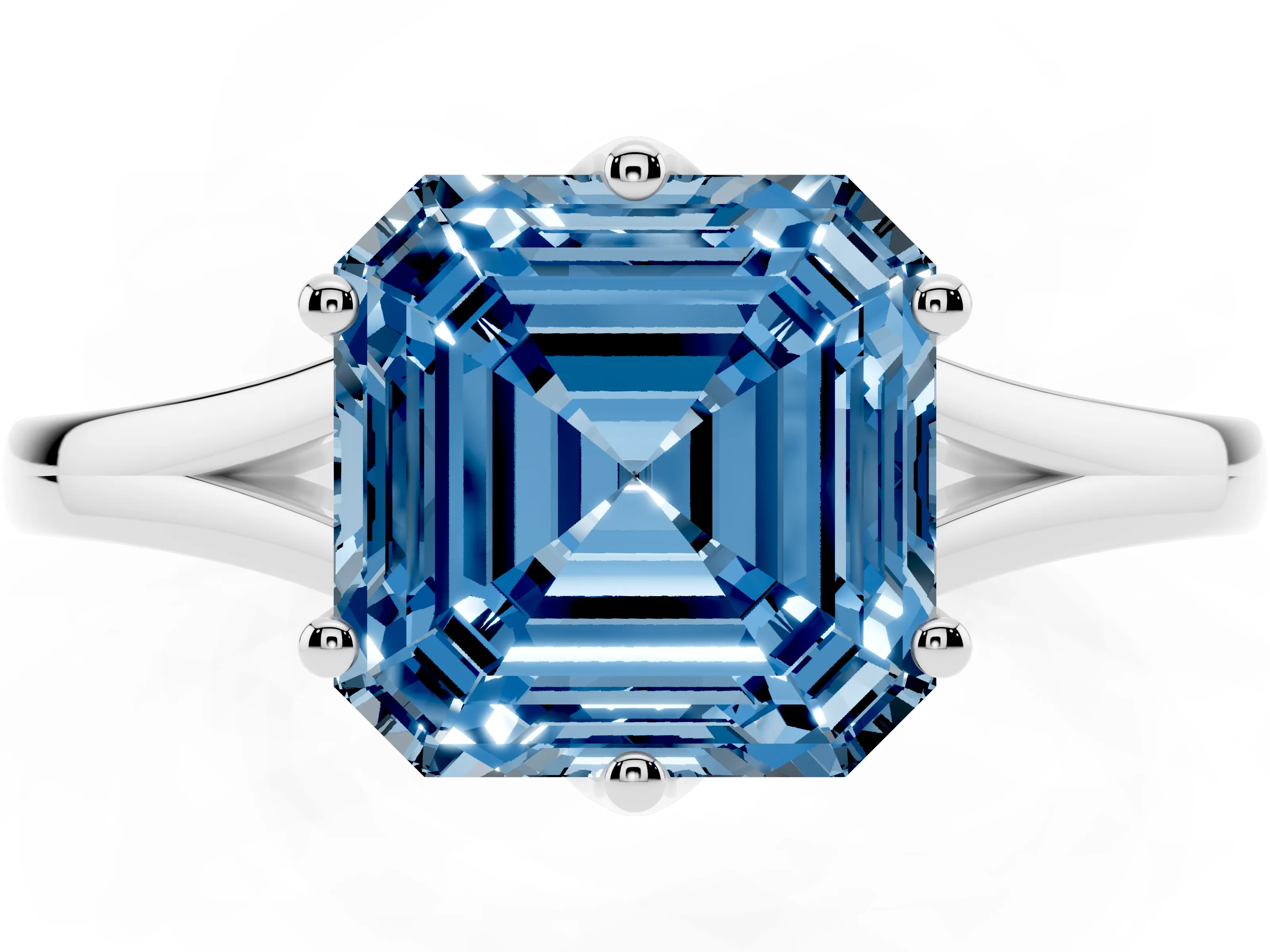 Fancy Blue Asscher Cut Diamond Solitaire Ring Set in Silver with Polished Tapered Band and Prong Setting