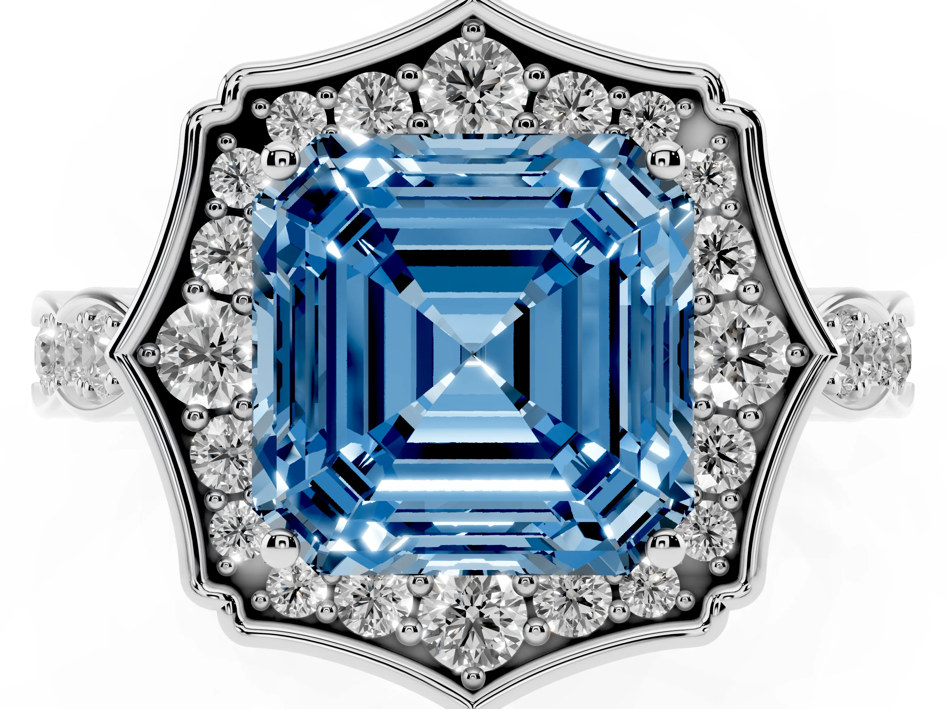 Fancy Blue Asscher Cut Diamond Halo Engagement Ring Set in White gold with Milgrain Band and Prong Setting