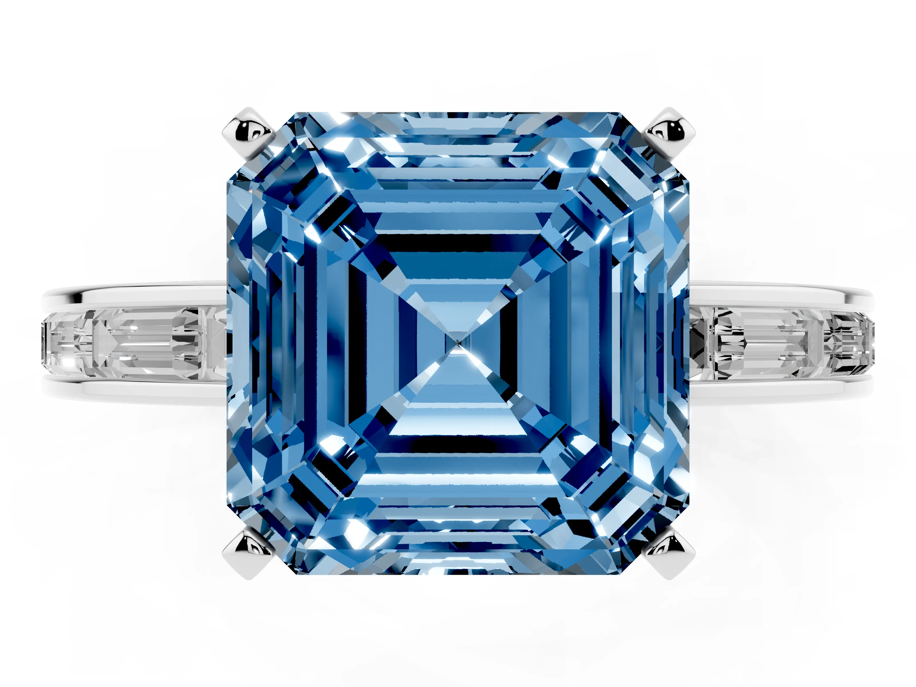 Fancy Blue Asscher Cut Diamond Solitaire Ring Set in White gold with Channel-Set Baguette Band and Prong Setting