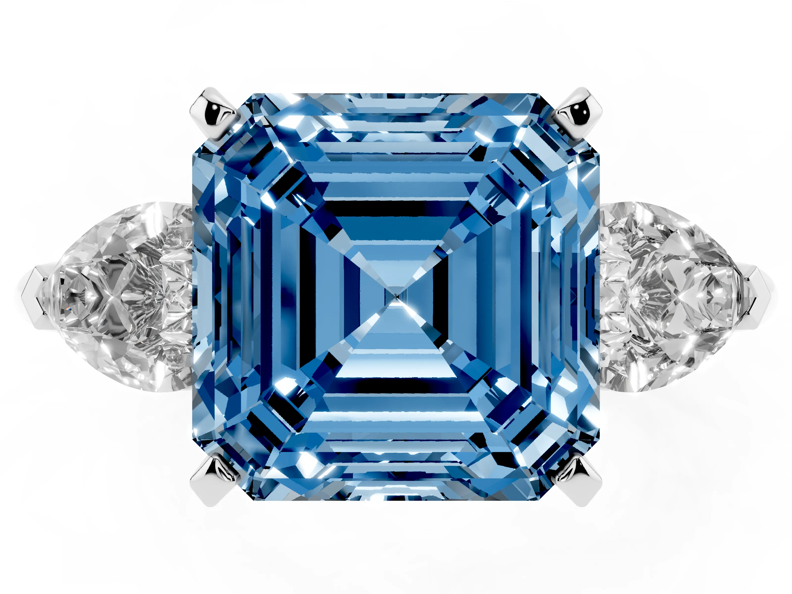 Fancy Blue Three-Stone Asscher Cut Diamond Ring Set in White gold with Pear Side Stones and Prong Setting