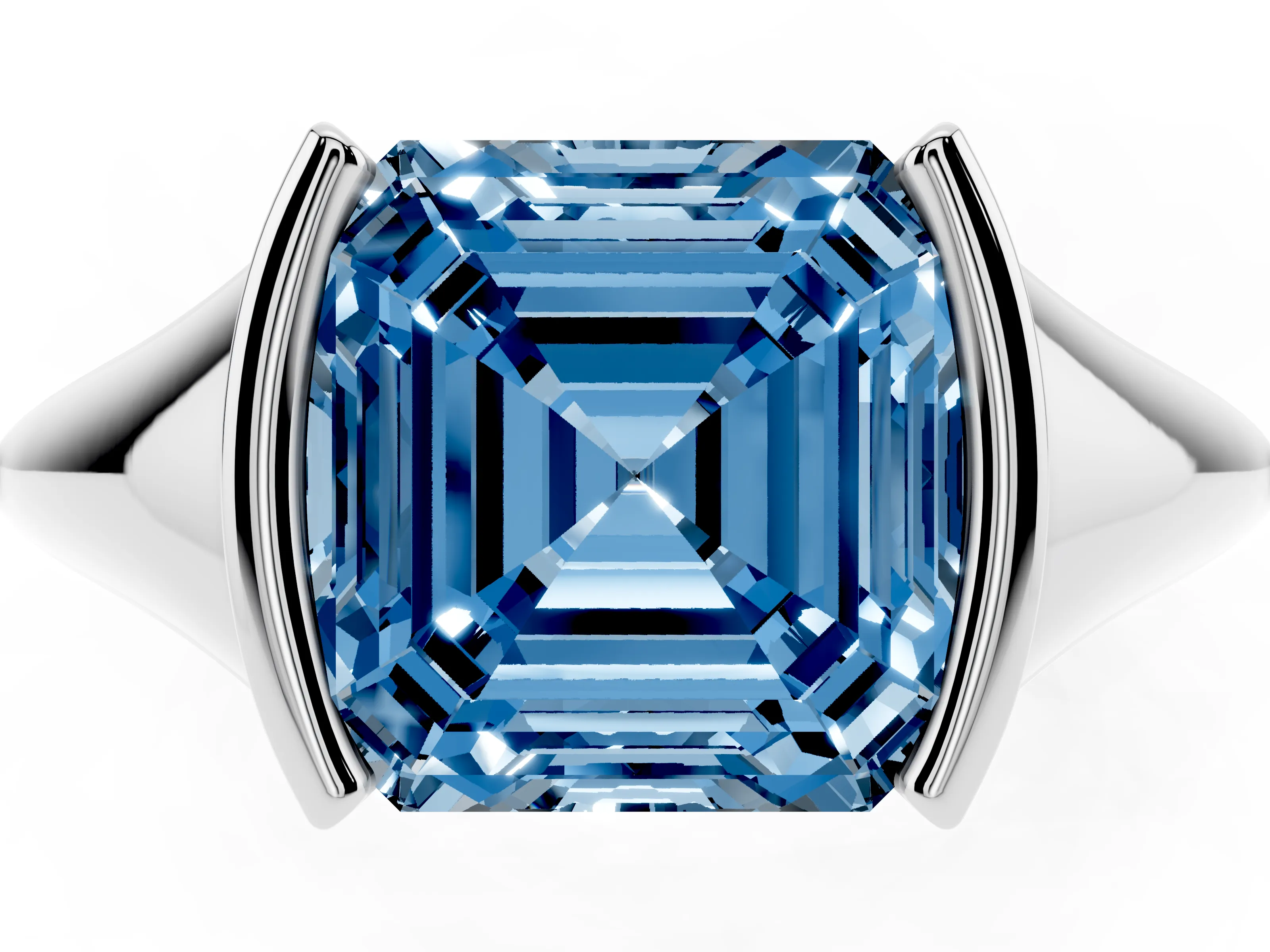 Fancy Blue Asscher Cut Diamond Solitaire Tension Set Ring Set in White gold