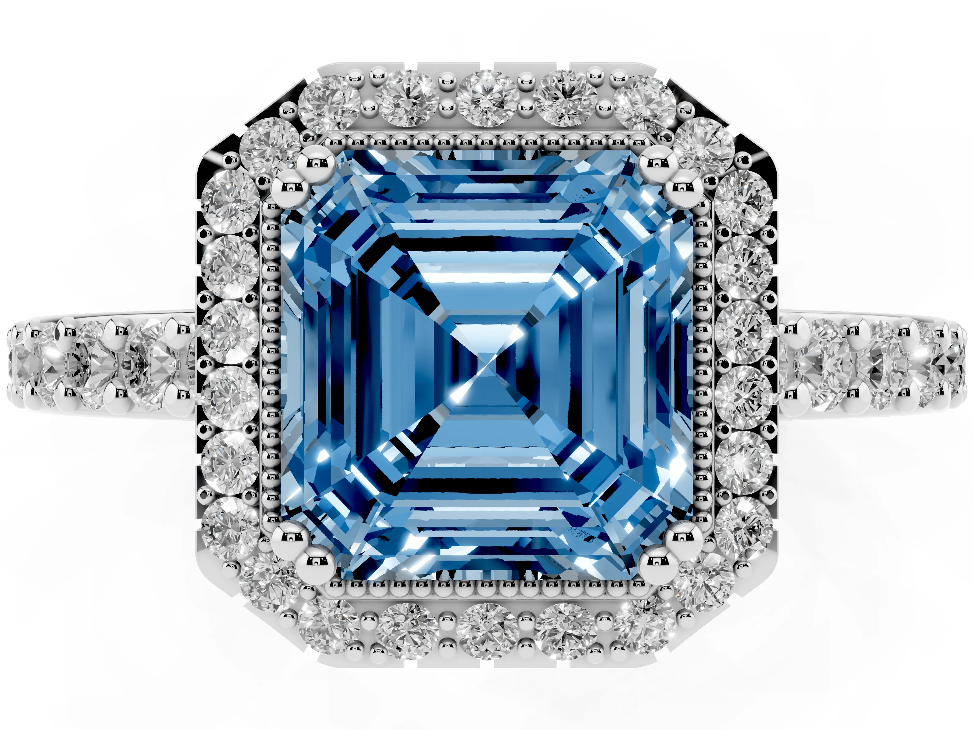 Fancy Blue Asscher Cut Diamond Halo Engagement Ring Set in White gold with Milgrain Detail and Pavé Band
