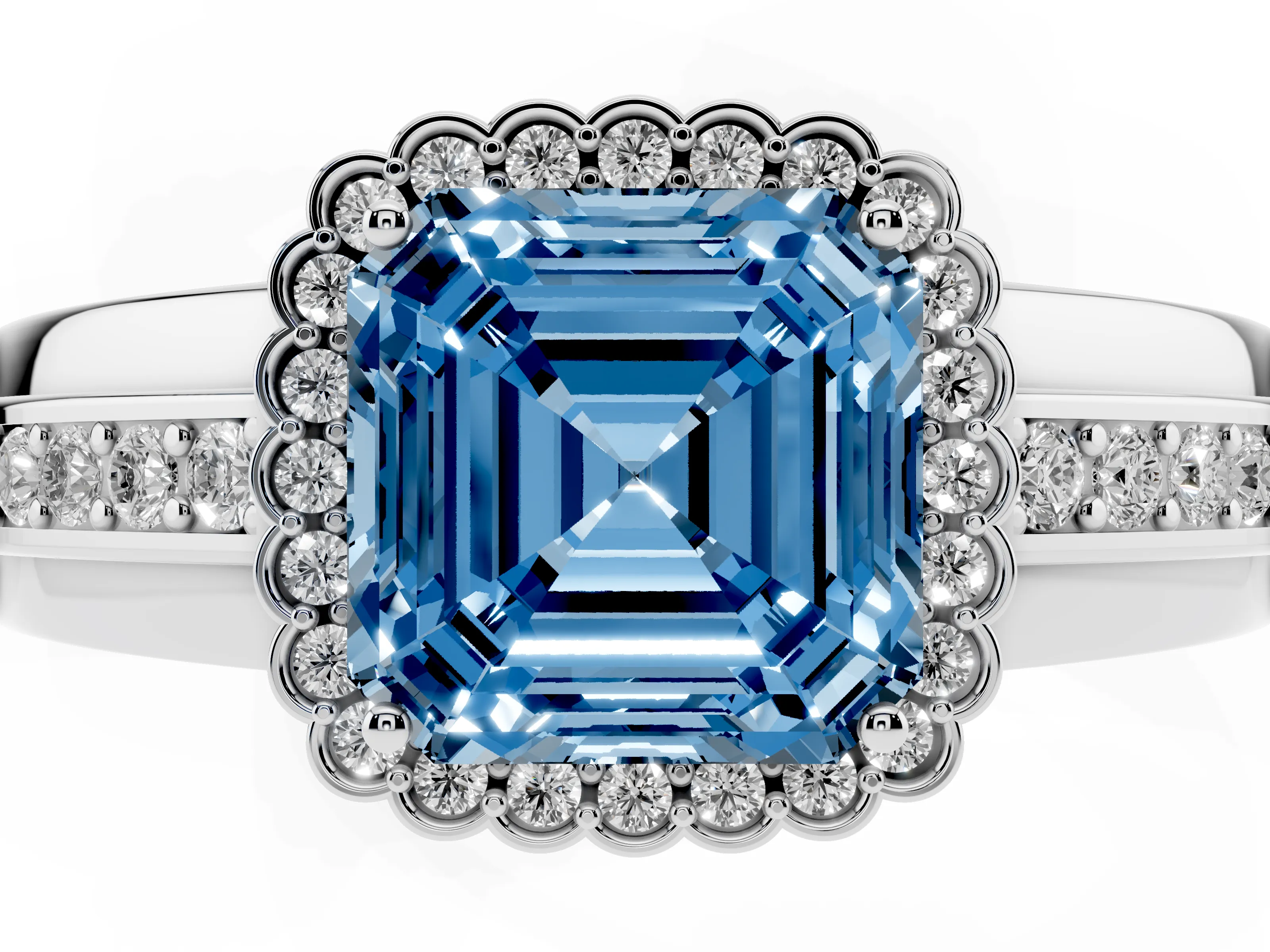 Fancy Blue Asscher Cut Diamond Halo Prong Ring Set in Platinum with Pavé Band
