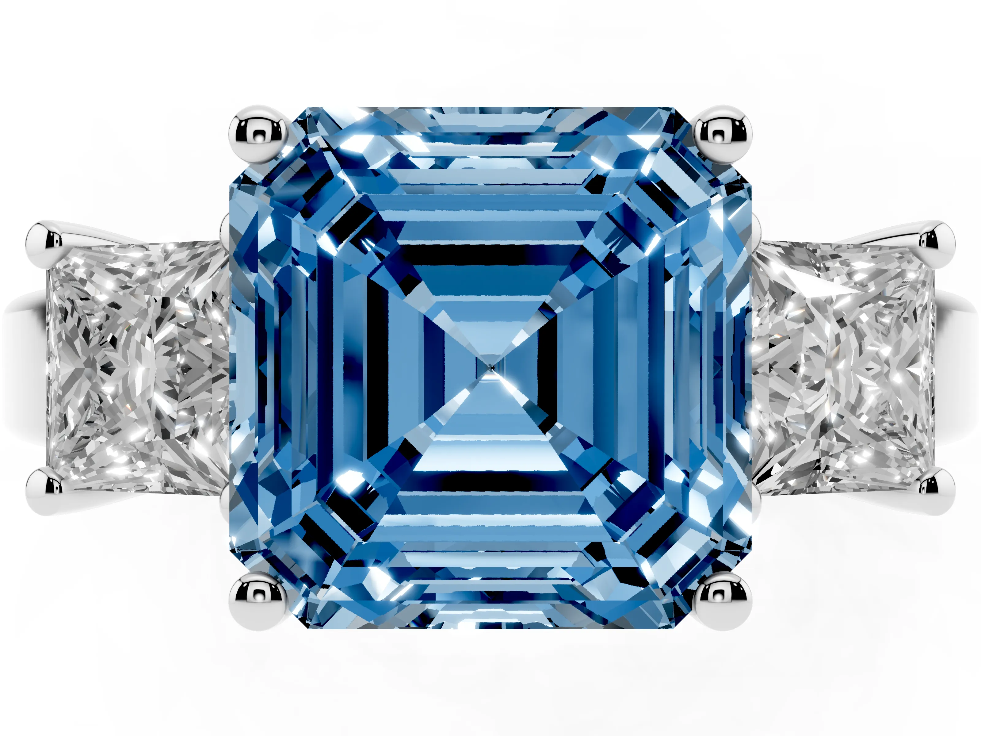 Fancy Blue Three-Stone Asscher Cut Diamond Solitaire Ring Set in Silver with Prong Setting
