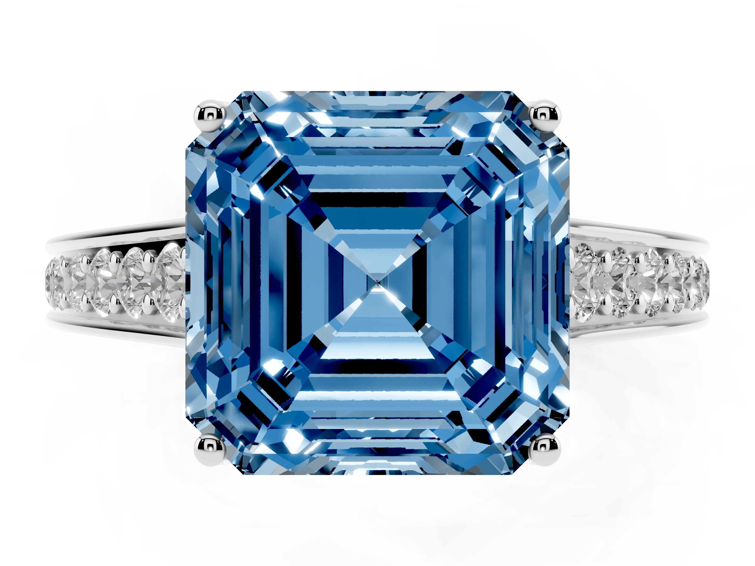 Fancy Blue Asscher Cut Diamond Solitaire Pavé Engagement Ring Set in White gold with Prong Setting