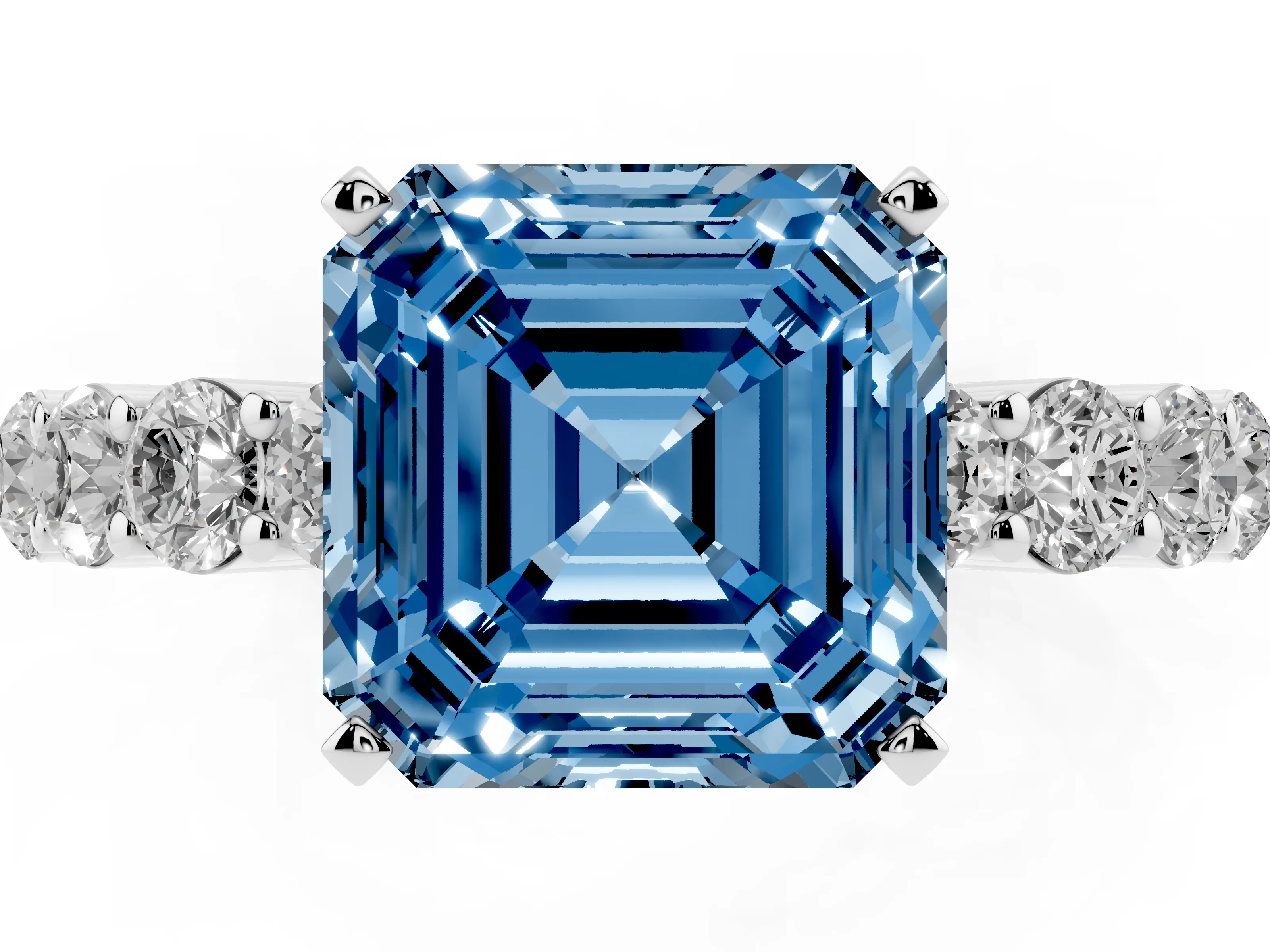 Fancy Blue Asscher Cut Diamond Solitaire Ring Set in Silver with Shared Prong Round Side Stones