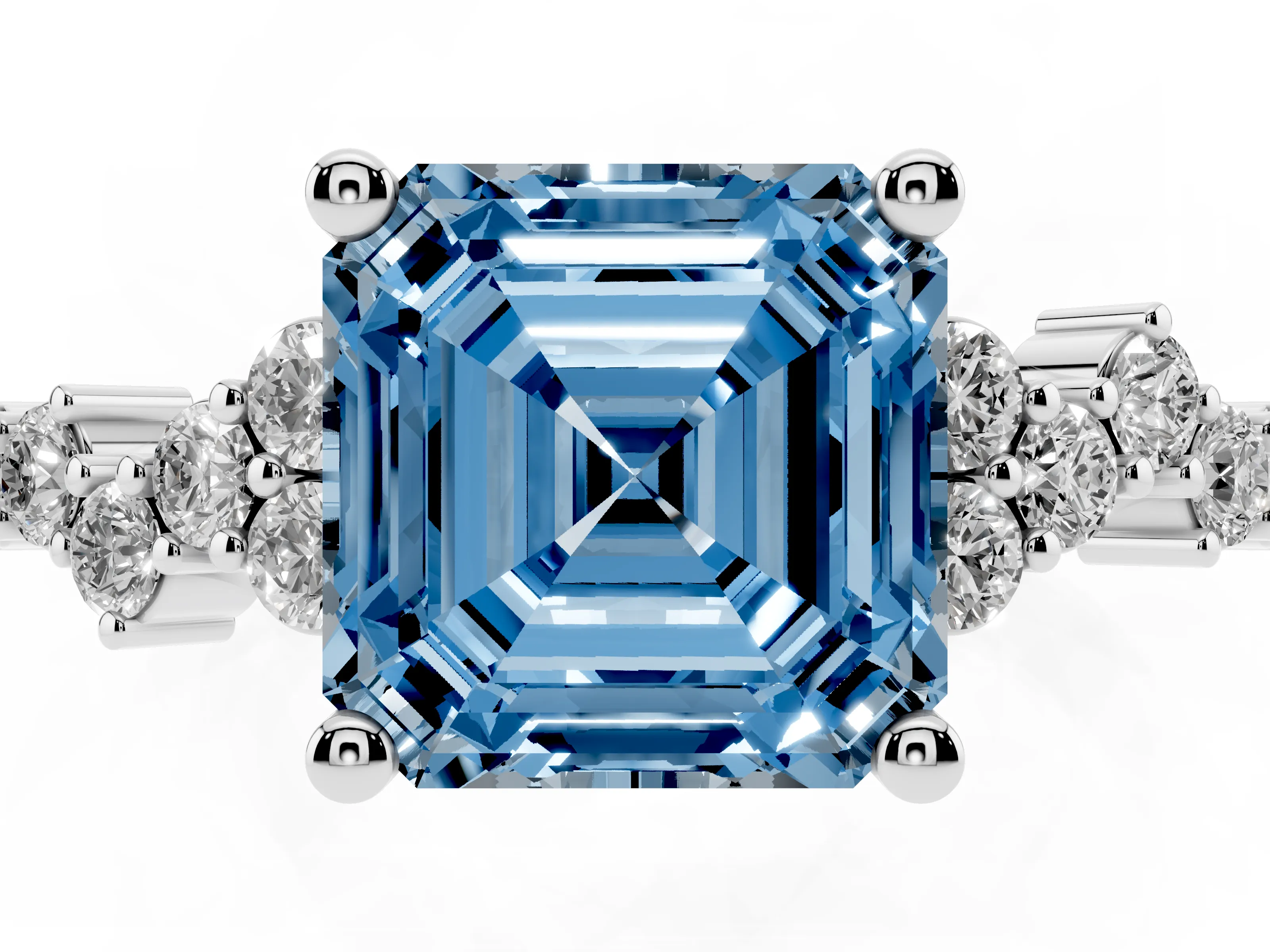 Fancy Blue Asscher Cut Diamond Ring Set in Silver with Scattered Round Accents