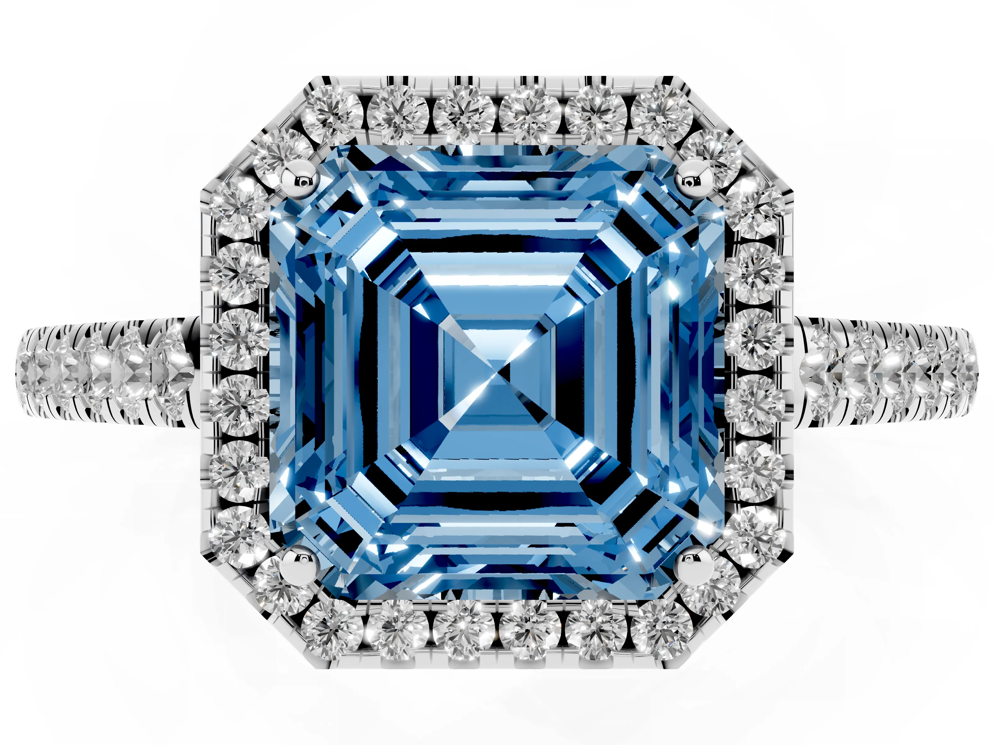 Fancy Blue Asscher Cut Diamond Halo Pavé Engagement Ring Set in White gold with Prong Setting