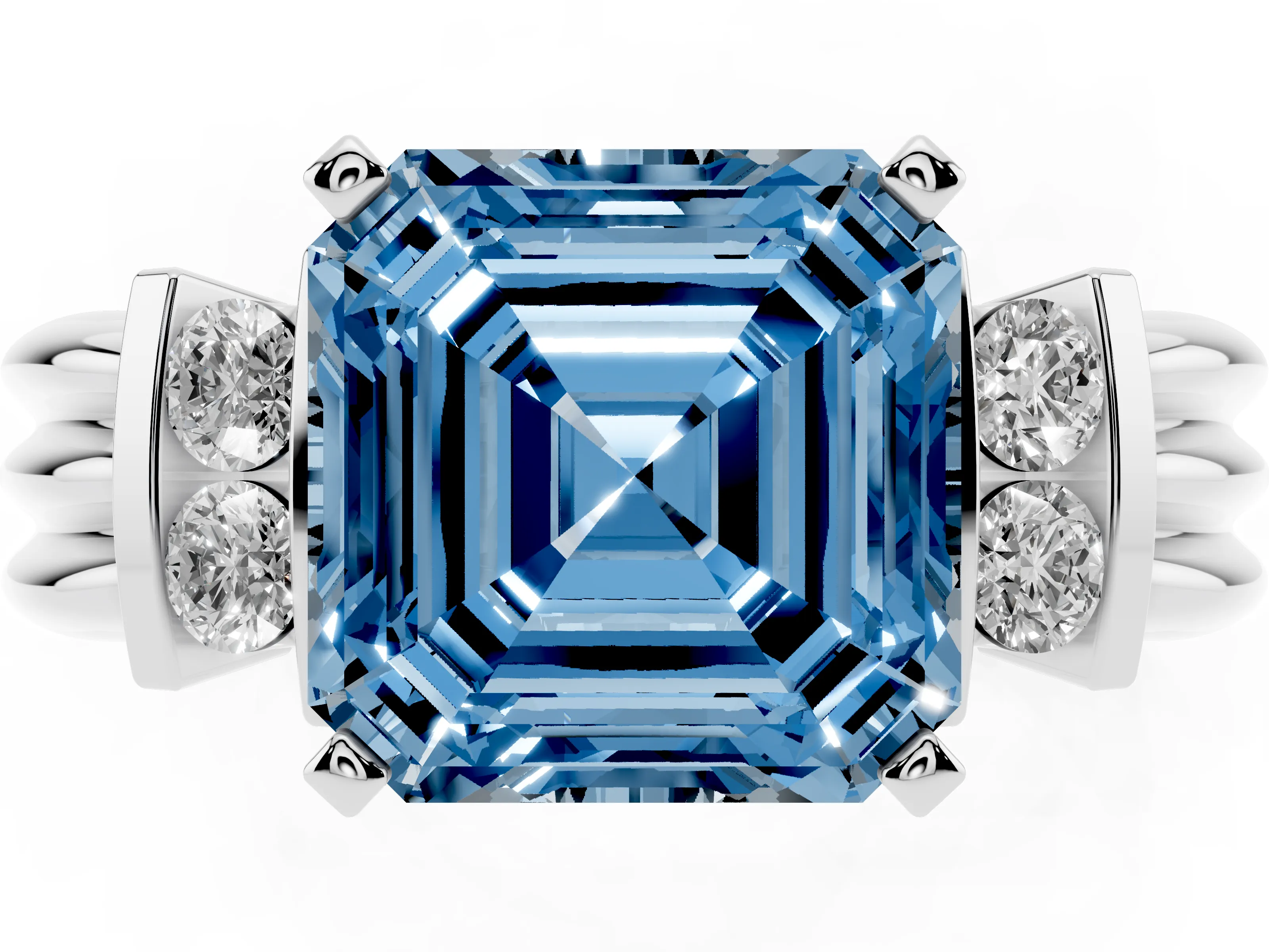 Fancy Blue Three-Stone Asscher Cut Diamond Channel Set Ring Set in White gold with Bar Prongs
