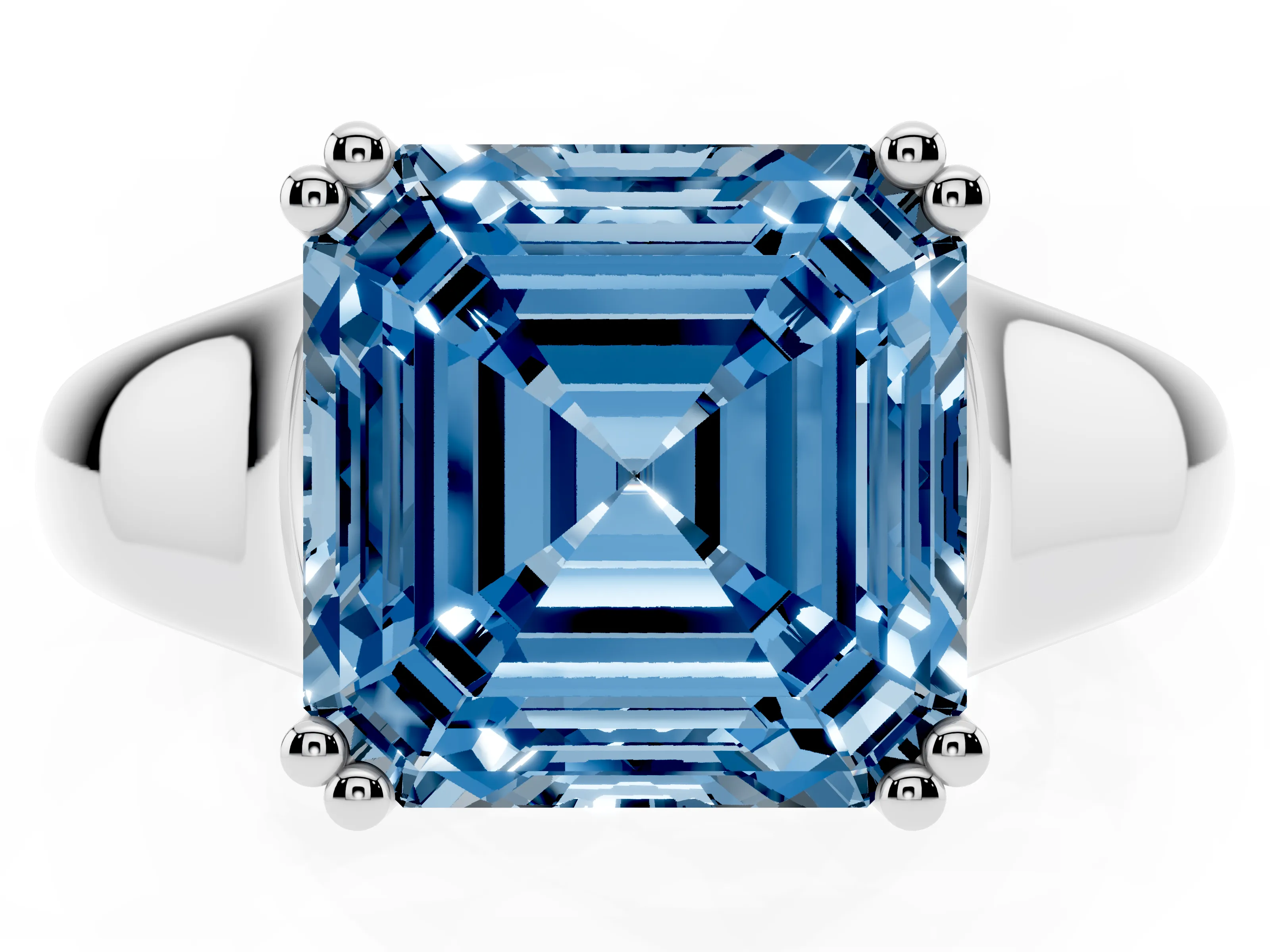 Fancy Blue Asscher Cut Diamond Solitaire Ring Set in Platinum with Wide Band and Prong Setting