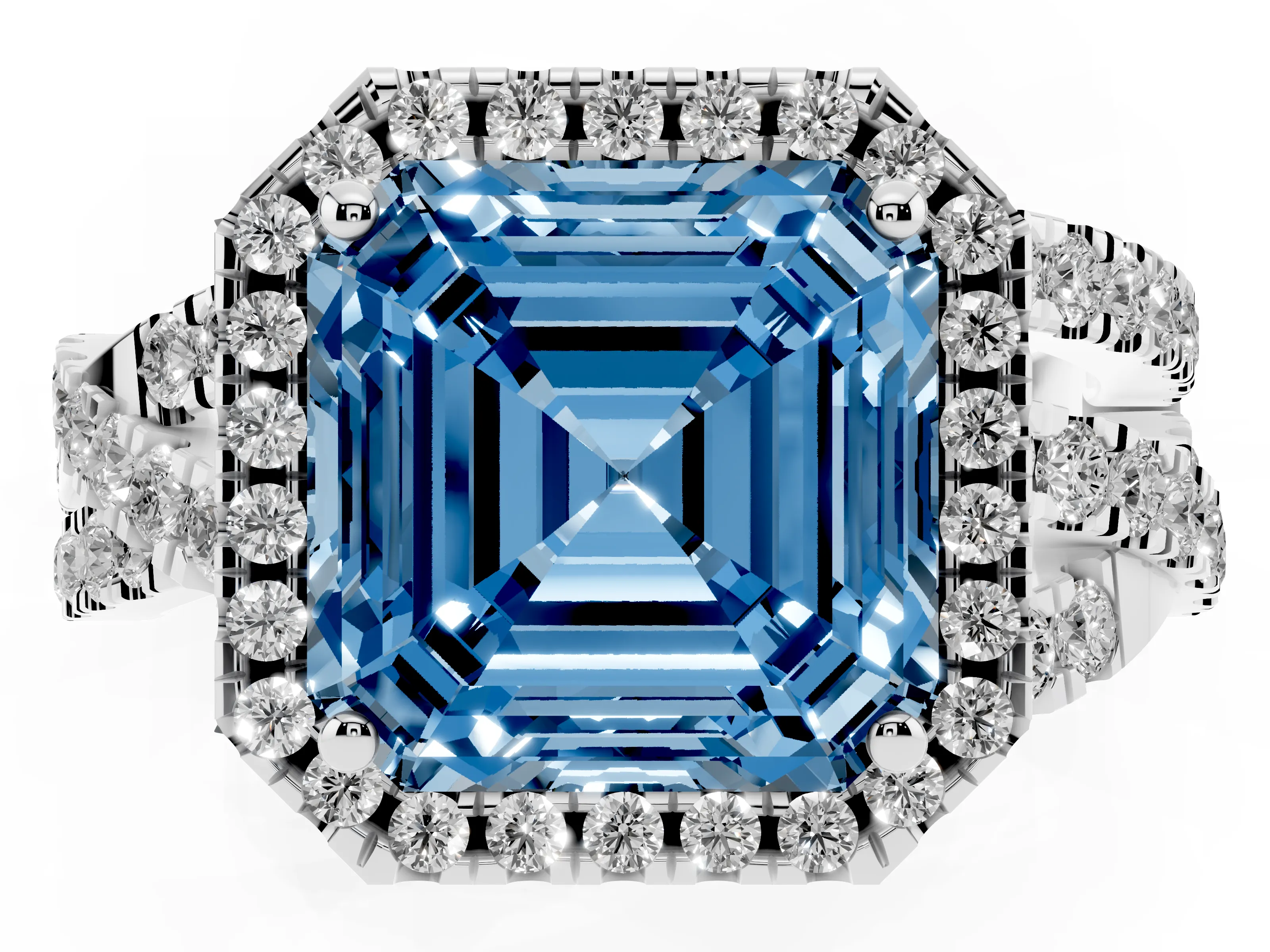 Fancy Blue Asscher Cut Diamond Halo Ring Set in White gold with Round Crossover Split Shank and Prong Setting