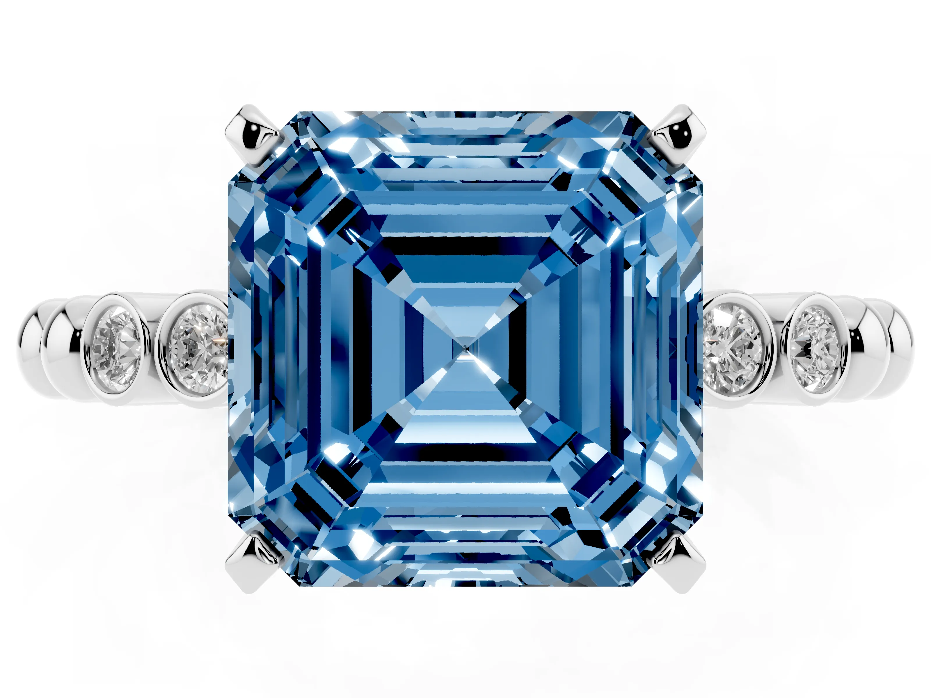 Fancy Blue Asscher Cut Diamond Solitaire Engagement Ring Set in White gold with Bezel Accents on Beaded Band