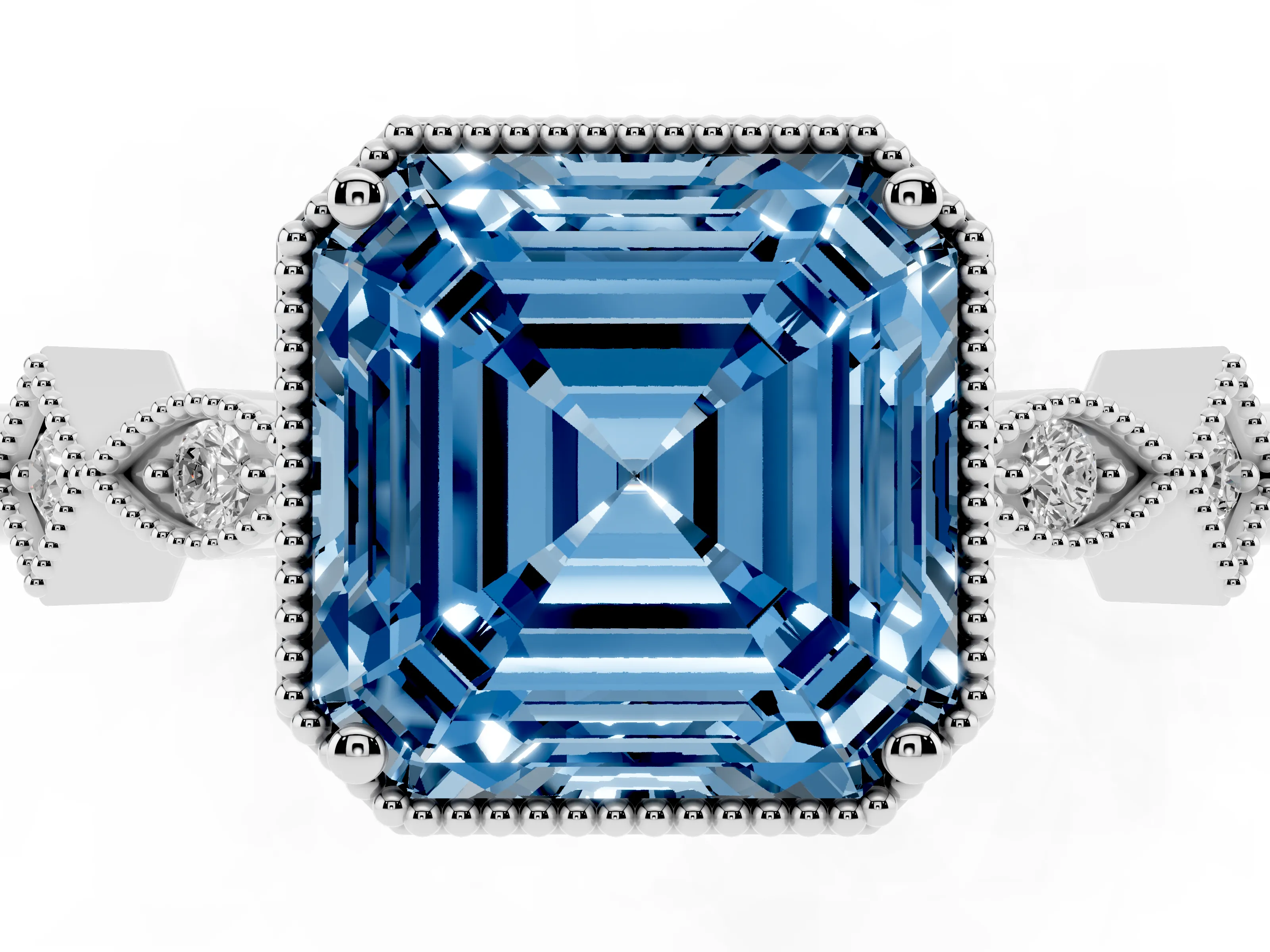 Fancy Blue Asscher Cut Diamond Milgrain Marquise Twist Band Ring Set in Silver with Prong Setting