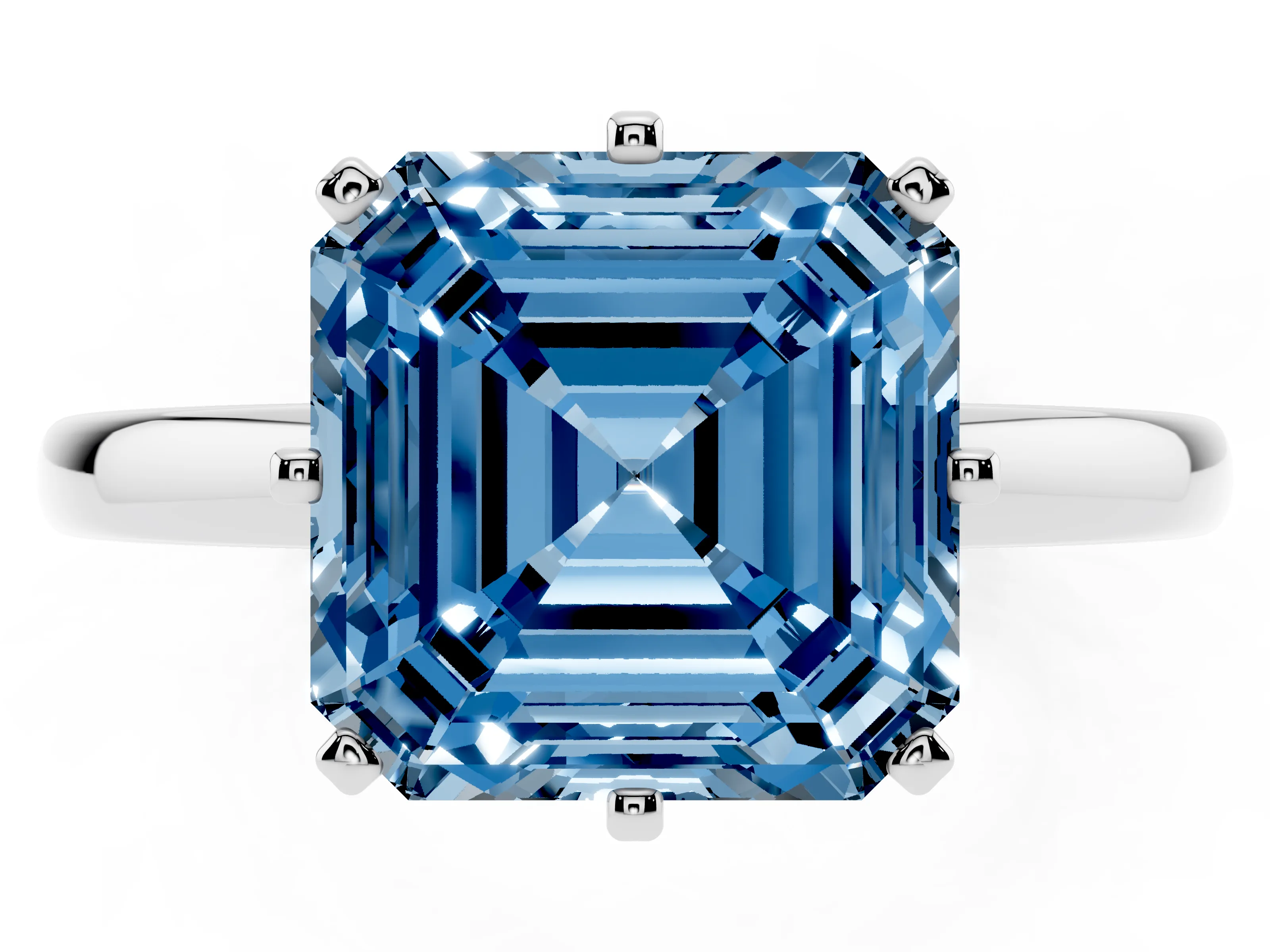 Fancy Blue Asscher Cut Diamond Solitaire Ring Set in Silver with Raised Prong Setting on a Classic Band