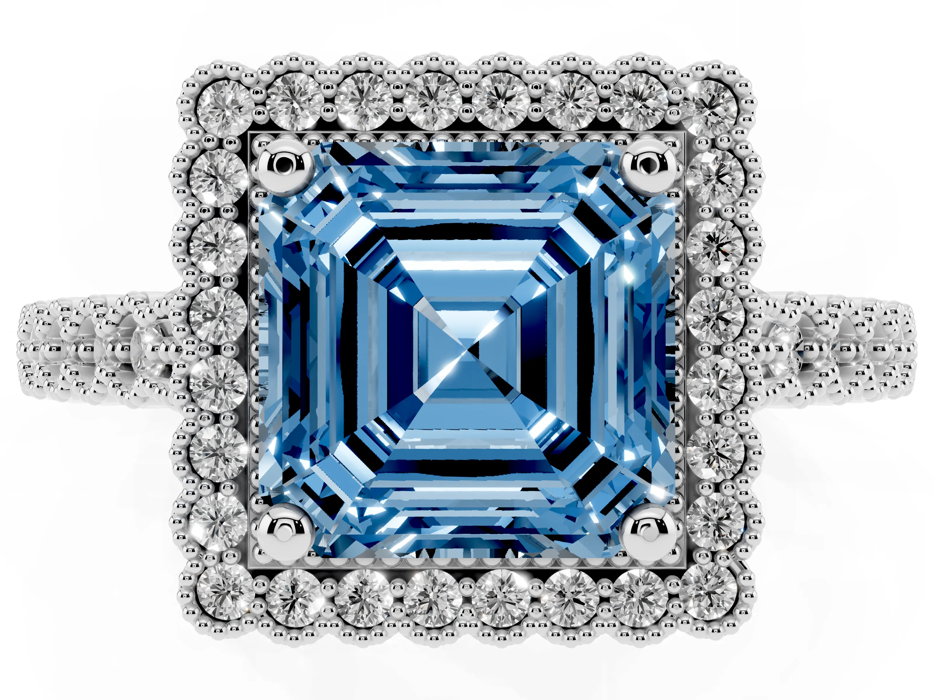 Fancy Blue Asscher Cut Diamond Halo Ring Set in Platinum with Pavé Milgrain Band