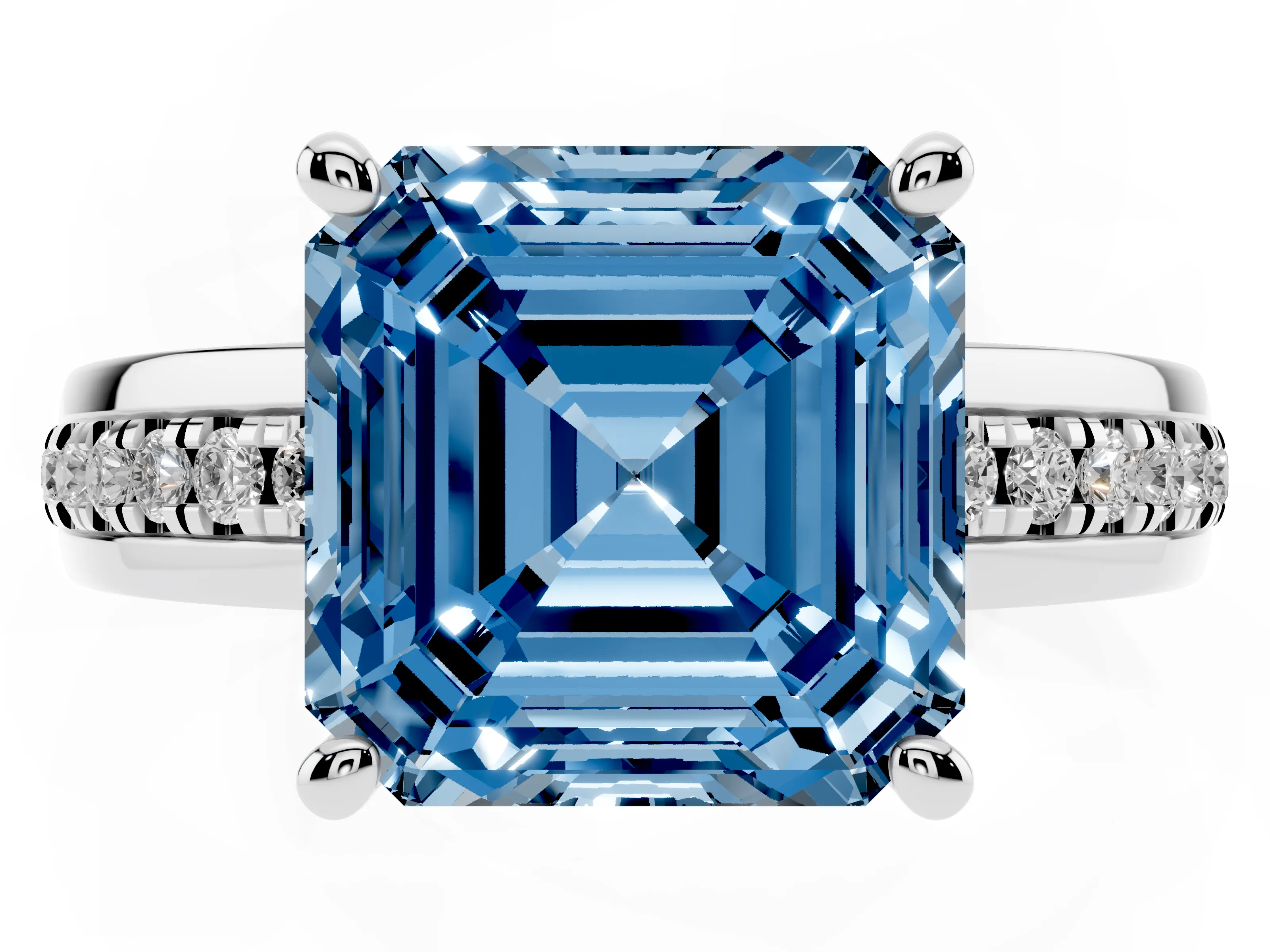 Fancy Blue Asscher Cut Diamond Solitaire Ring Set in White gold with Channel Set Band and Prong Setting
