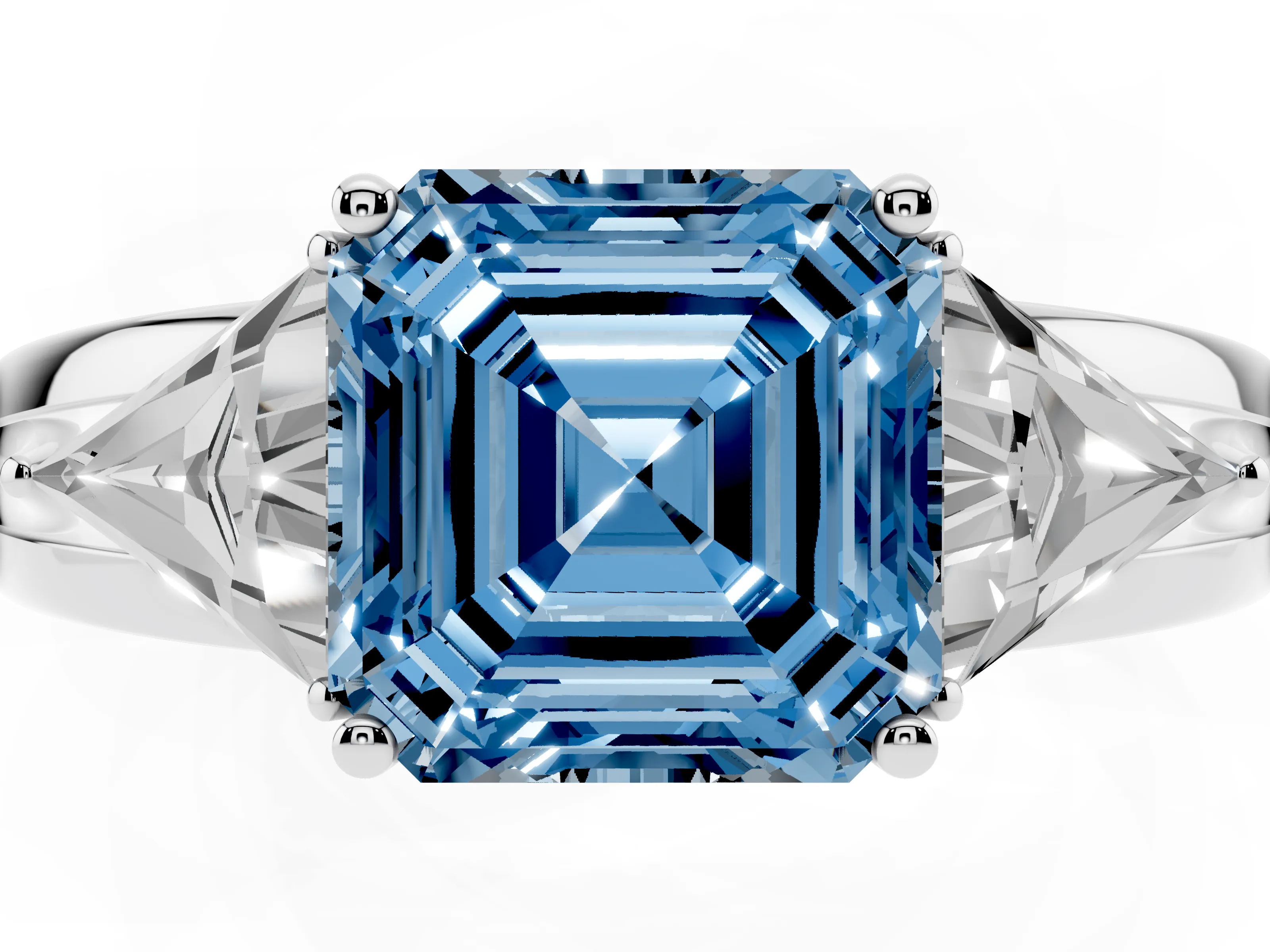 Fancy Blue Asscher Cut Diamond Three-Stone Ring Set in Platinum with Trillion Side Stones and Split Shank