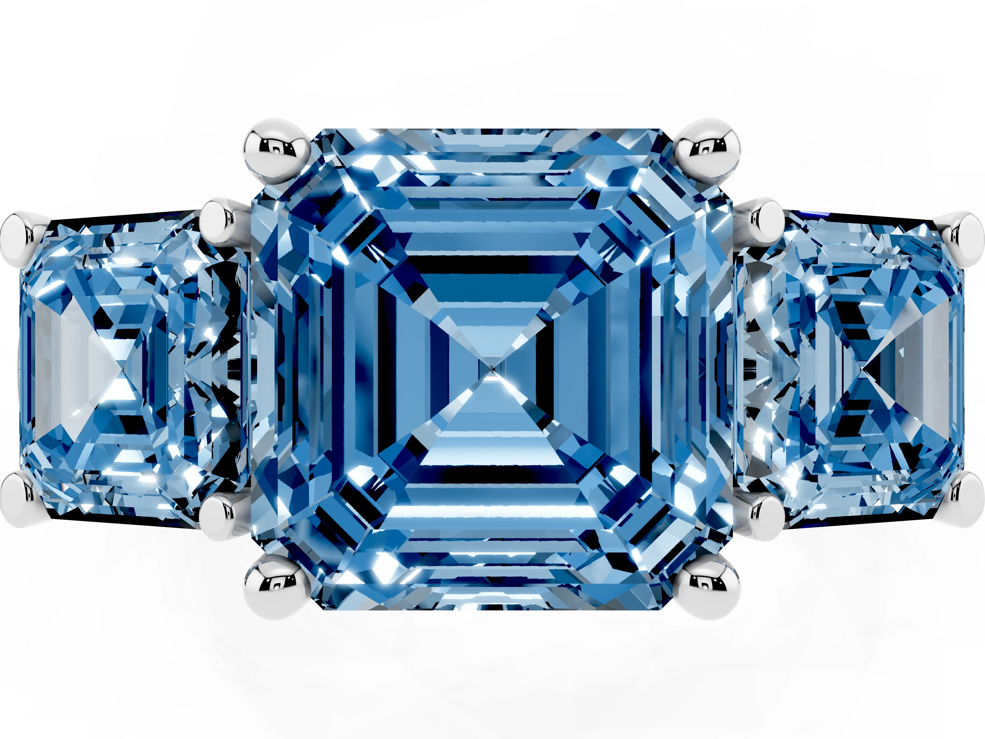 Fancy Blue Asscher Cut Diamond Three-Stone Trellis Ring Set in White gold with Comfort Fit Band