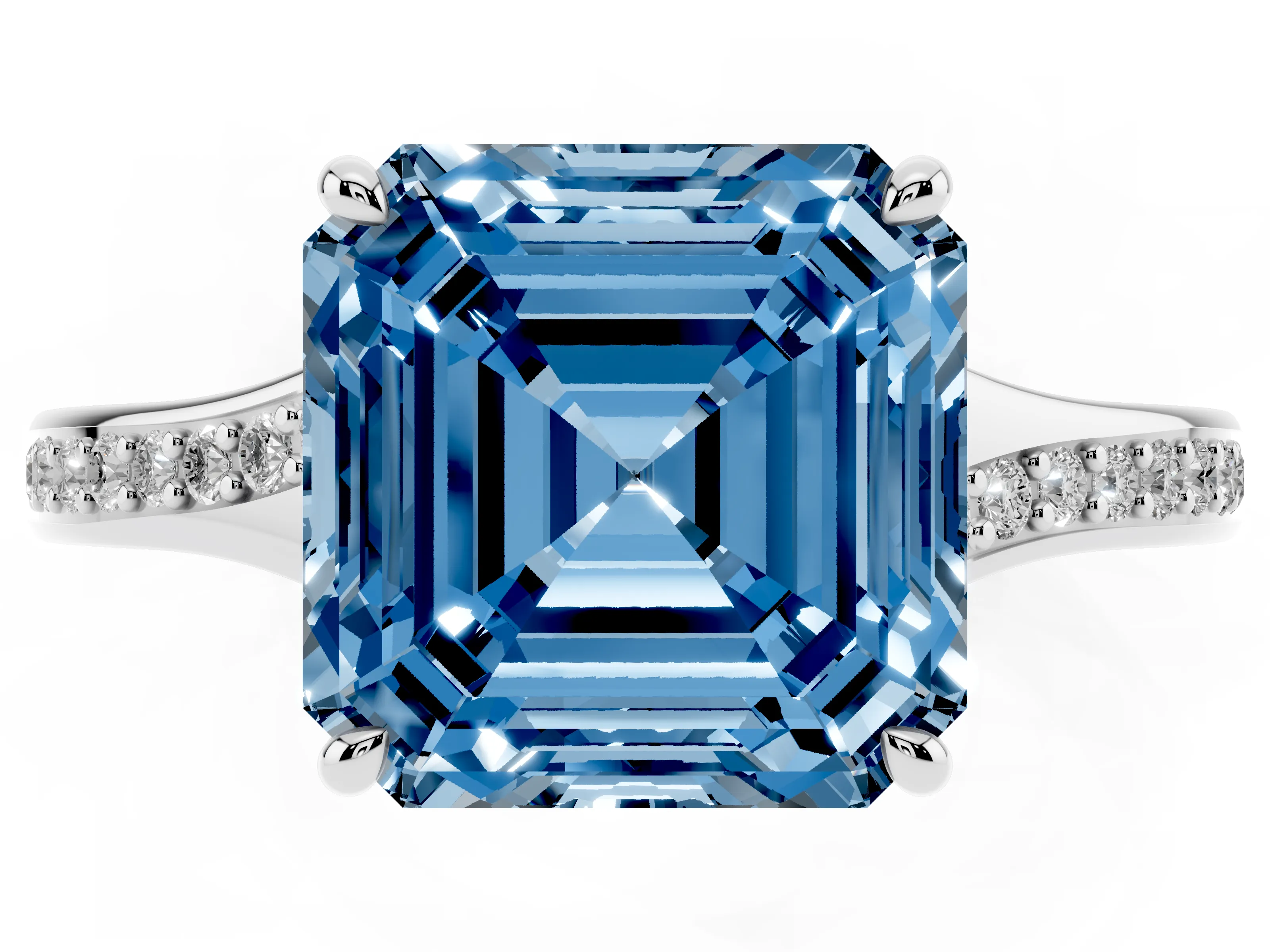 Fancy Blue Asscher Cut Diamond Solitaire Ring Set in Silver with Pavé Accent Band and Classic Prong Setting
