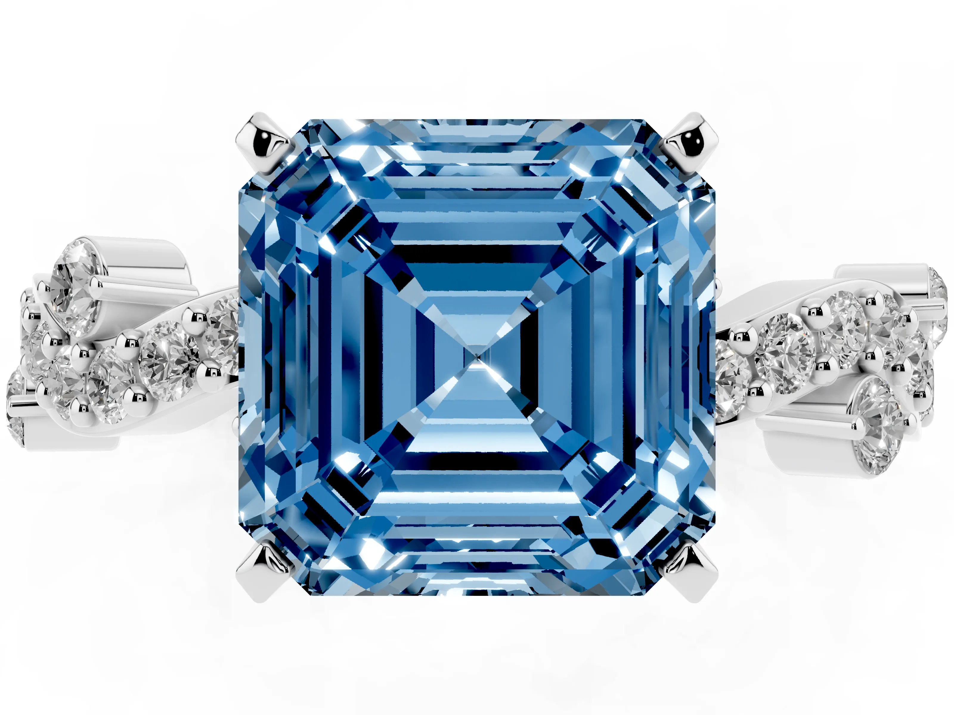 Fancy Blue Asscher Cut Diamond Solitaire Twisted Band Set in White gold with Pavé Setting