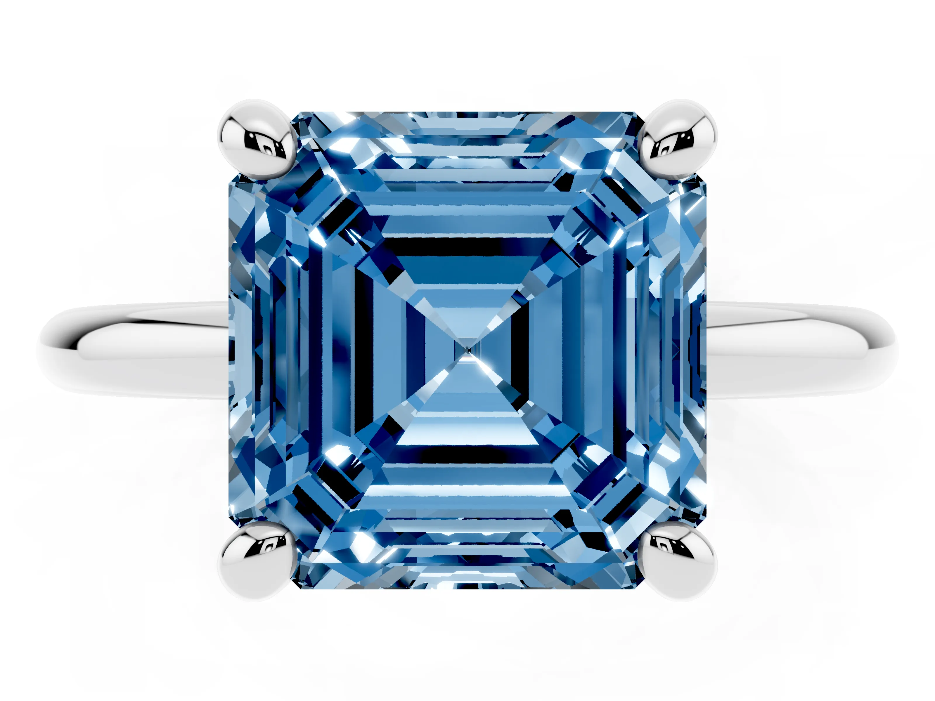 Fancy Blue Asscher Cut Diamond Solitaire Ring Set in White gold with Prong Setting on a Polished Plain Band