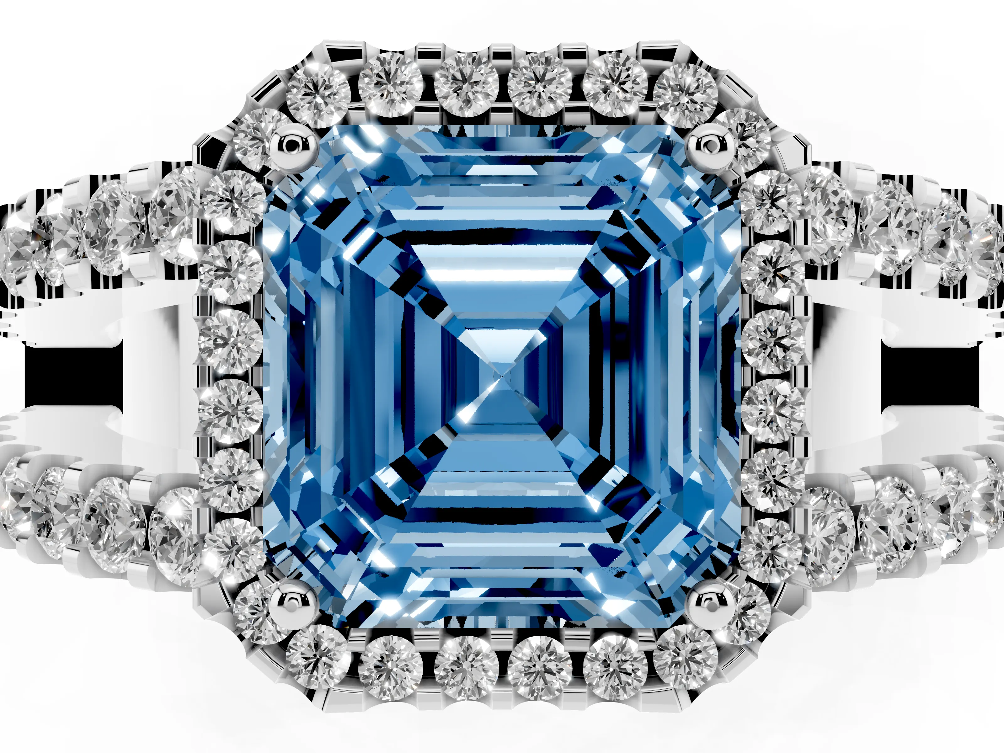 Fancy Blue Asscher Cut Diamond Halo Ring Set in Platinum with Pavé Split Shank and Prong Setting